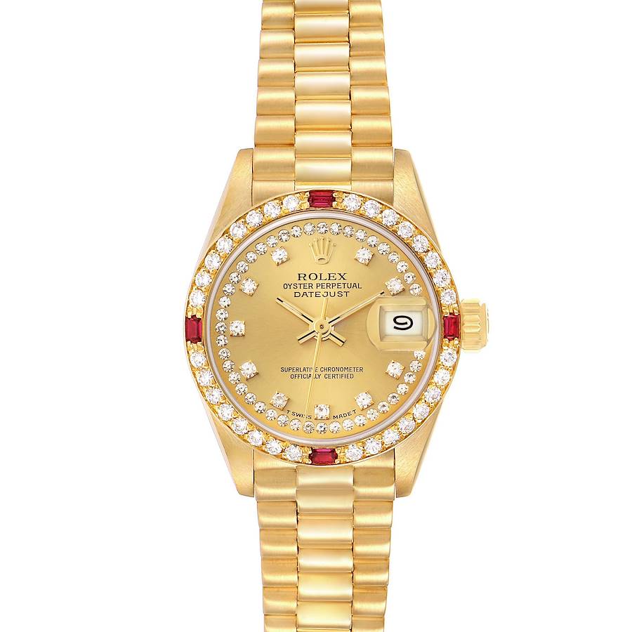 The Rolex President 69068 Women's Yellow Gold Champagne Dial model is shown from a top view, highlighting the dial, bezel, bracelet, and crown.