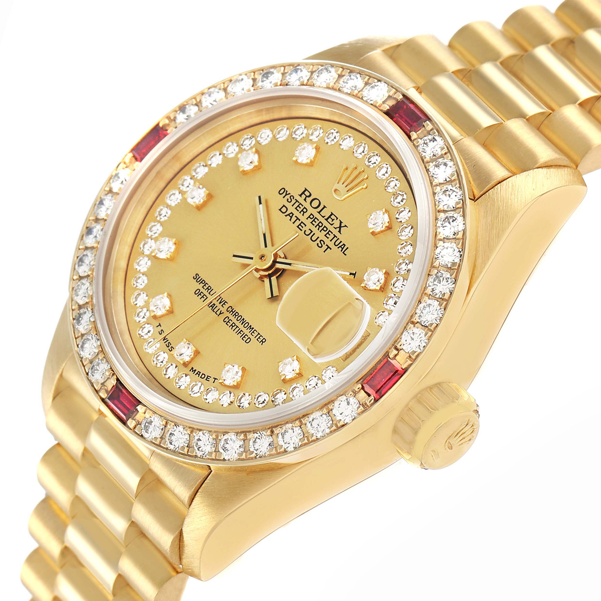 The Rolex President 69068 Women
s Yellow Gold Champagne Dial model is shown at a slight angle, displaying the bezel, crown, bracelet, and dial with diamond indices.