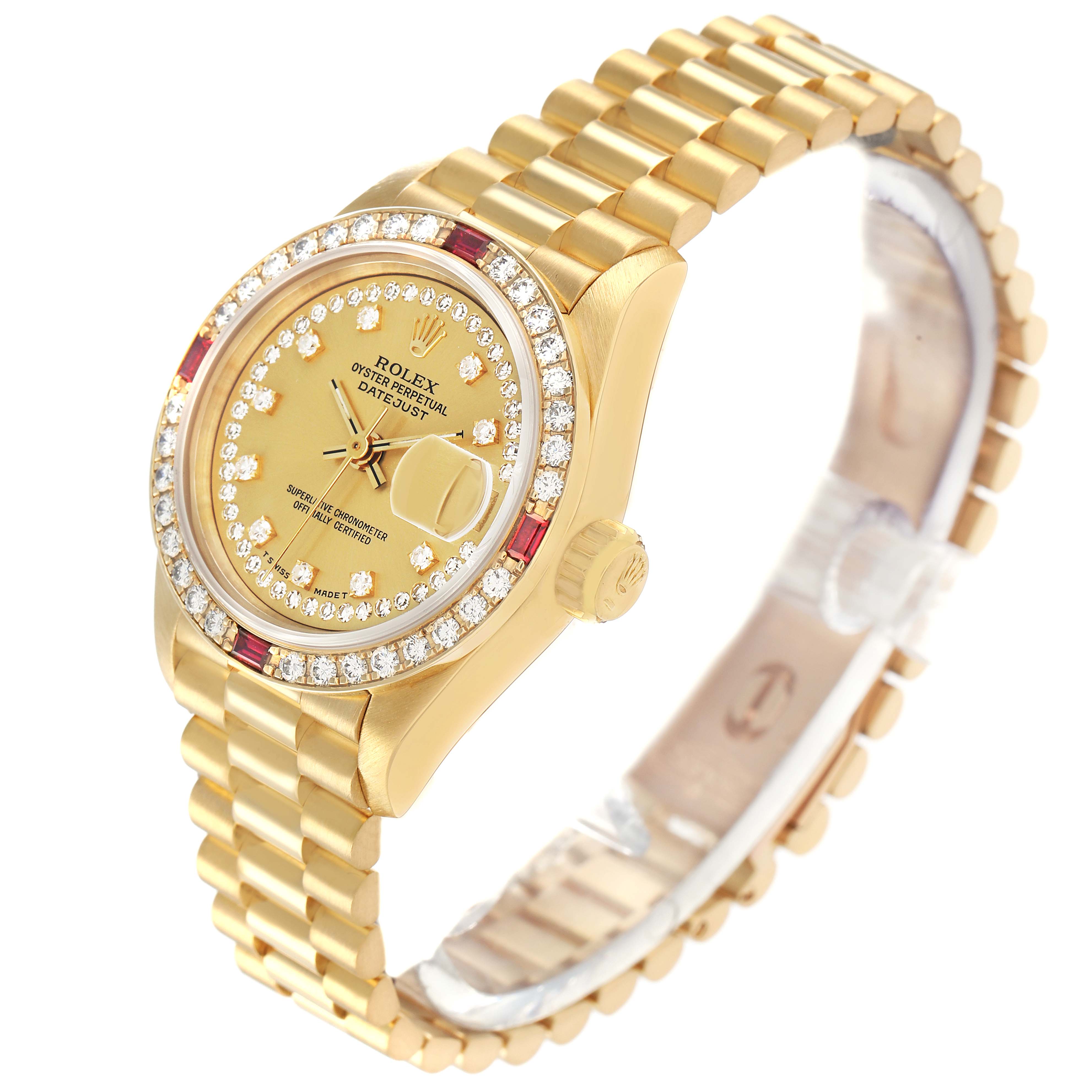 The Rolex President 69068 Women
s Yellow Gold Champagne Dial model is shown at an angle highlighting its gold bracelet, diamond bezel, and dial, with a focus on the watch face and crown.