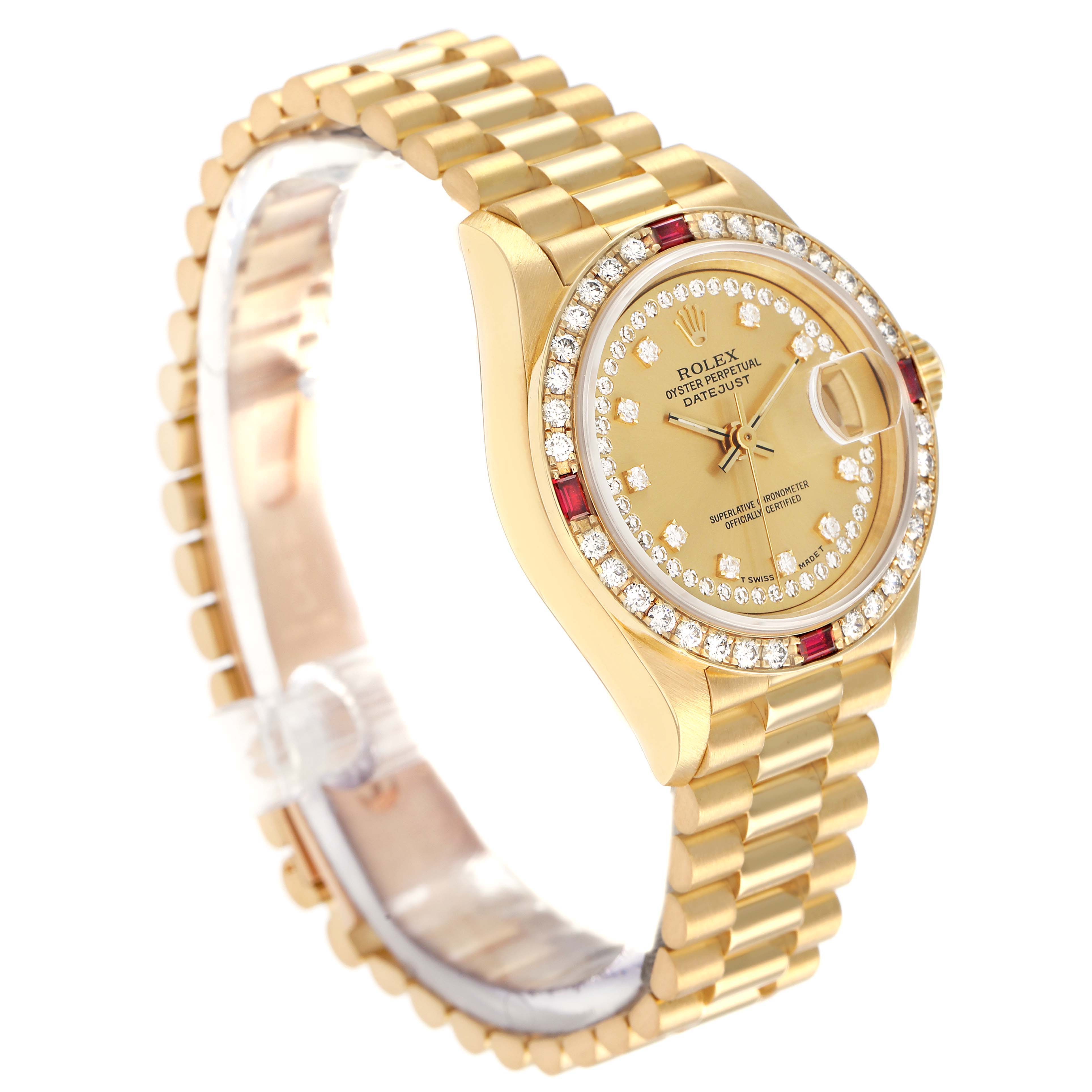 The Rolex President 69068 Women
s Yellow Gold Champagne Dial model watch is shown at an angle highlighting the face, bezel with diamonds, and the gold bracelet.