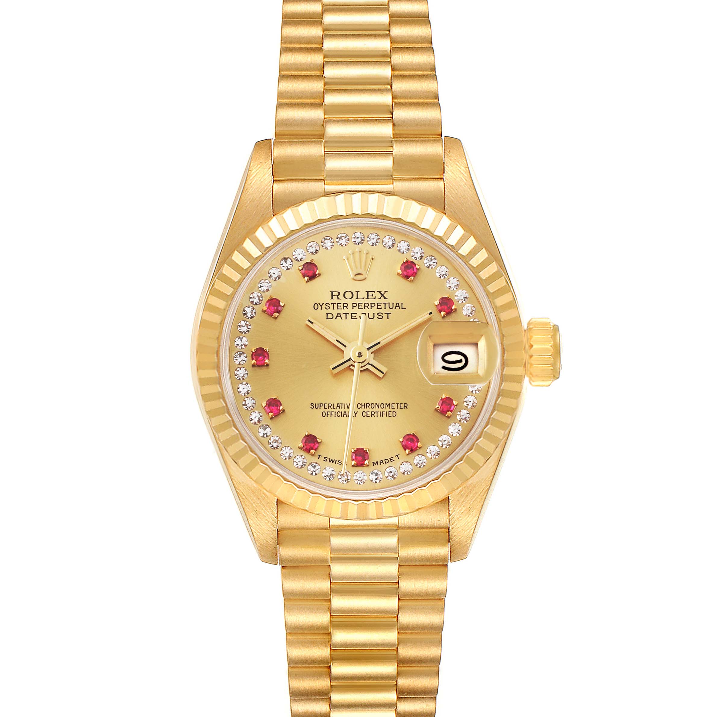 The image shows a frontal view of a gold Rolex President 69178 Women
s Yellow Gold Champagne Dial 69178 Women
s Yellow Gold Champagne Dial model watch with a fluted bezel and diamond-studded dial.