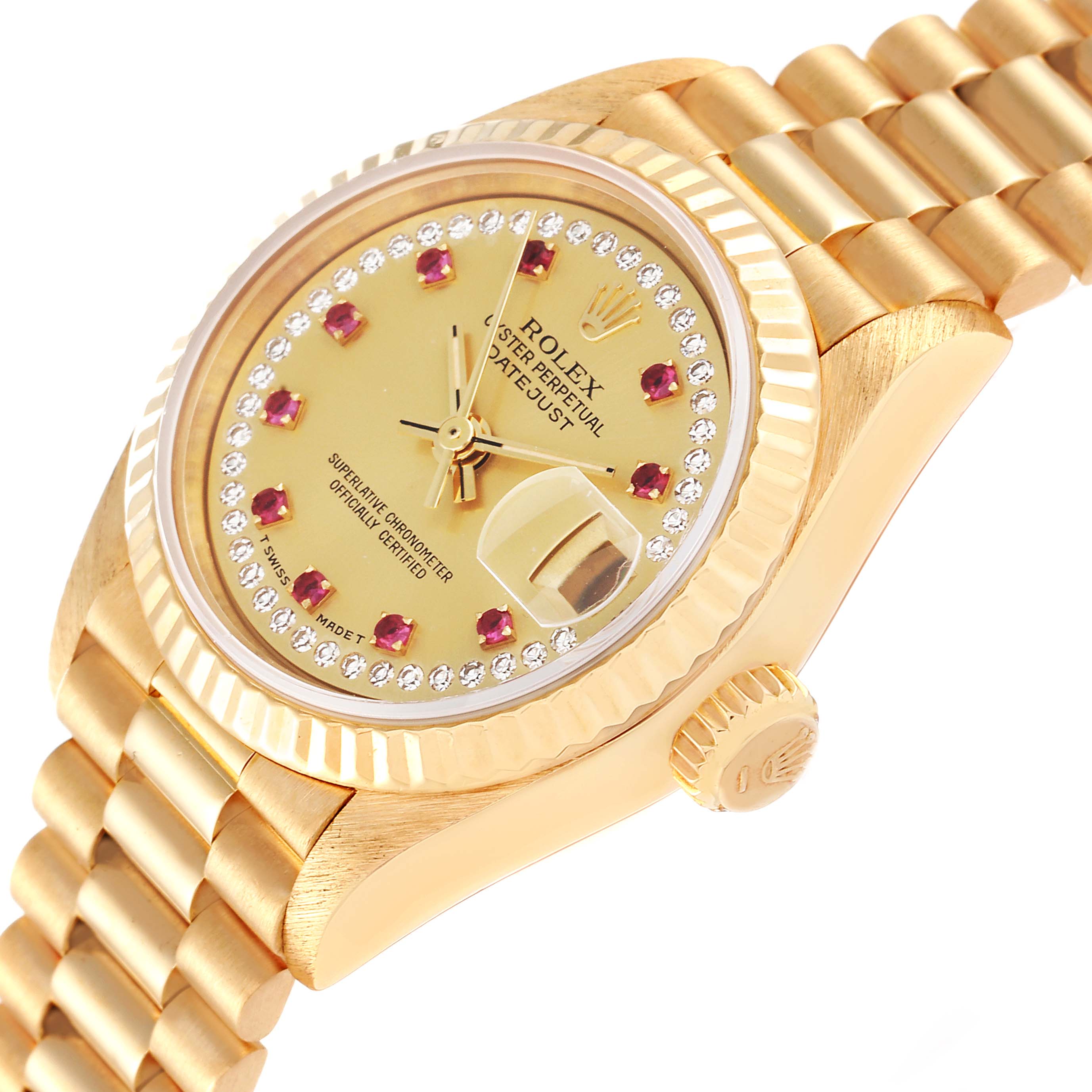 This image shows a Rolex President 69178 Women
s Yellow Gold Champagne Dial 69178 Women
s Yellow Gold Champagne Dial model watch from a side angle, highlighting the bezel, dial, crown, and part of the bracelet.