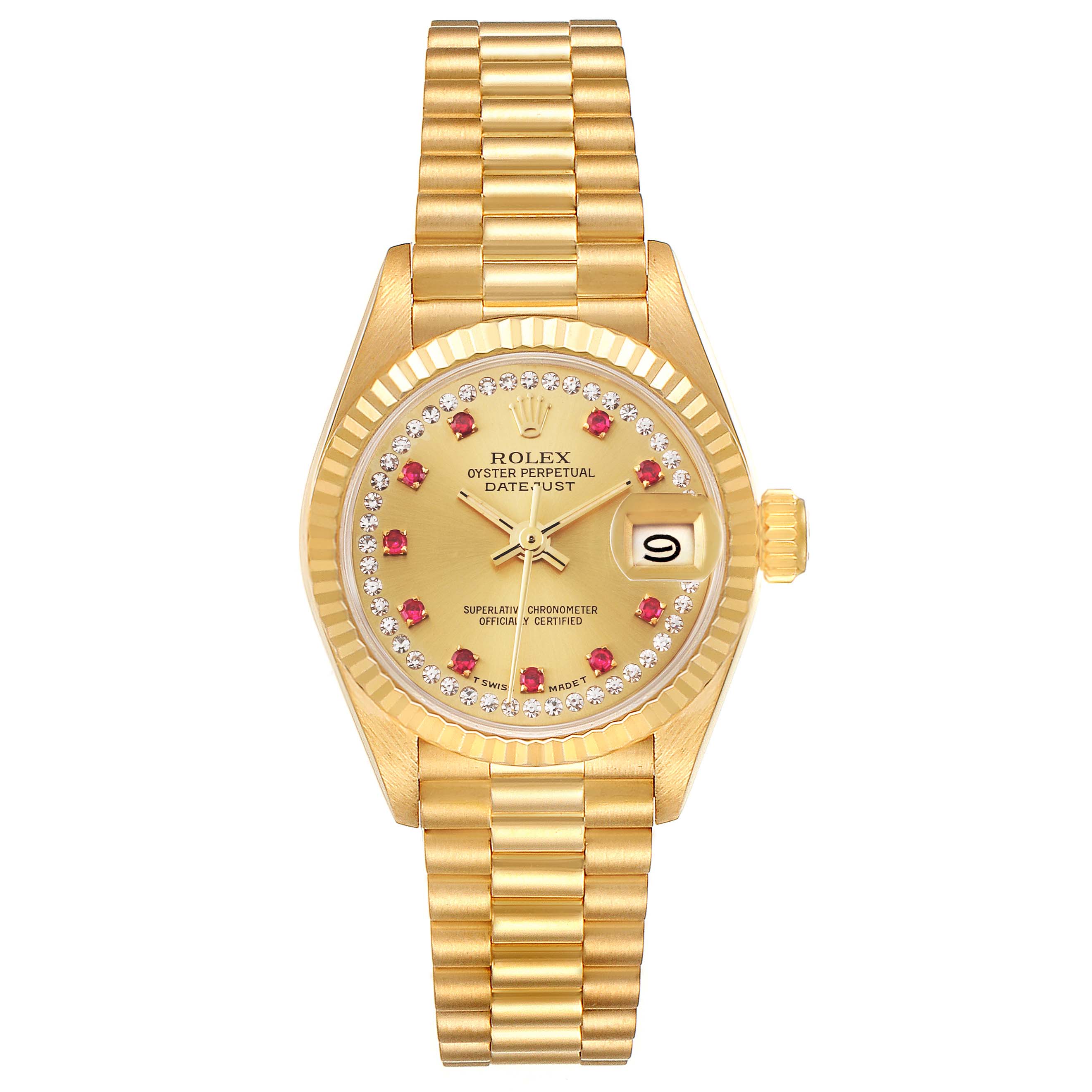 The image shows a front view of the Rolex President 69178 Women
s Yellow Gold Champagne Dial 69178 Women
s Yellow Gold Champagne Dial Datejust watch, displaying its gold case, bracelet, and diamond-accented dial with date window.