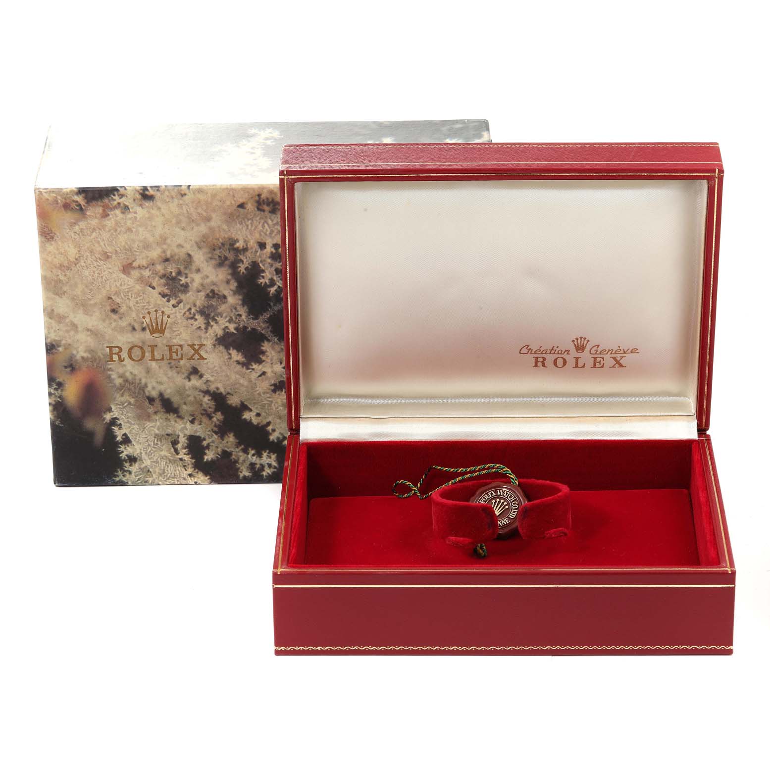 This image shows the open case of a Rolex President 69178 Women
s Yellow Gold Champagne Dial 69178 Women
s Yellow Gold Champagne Dial model watch, emphasizing the presentation box and logo.