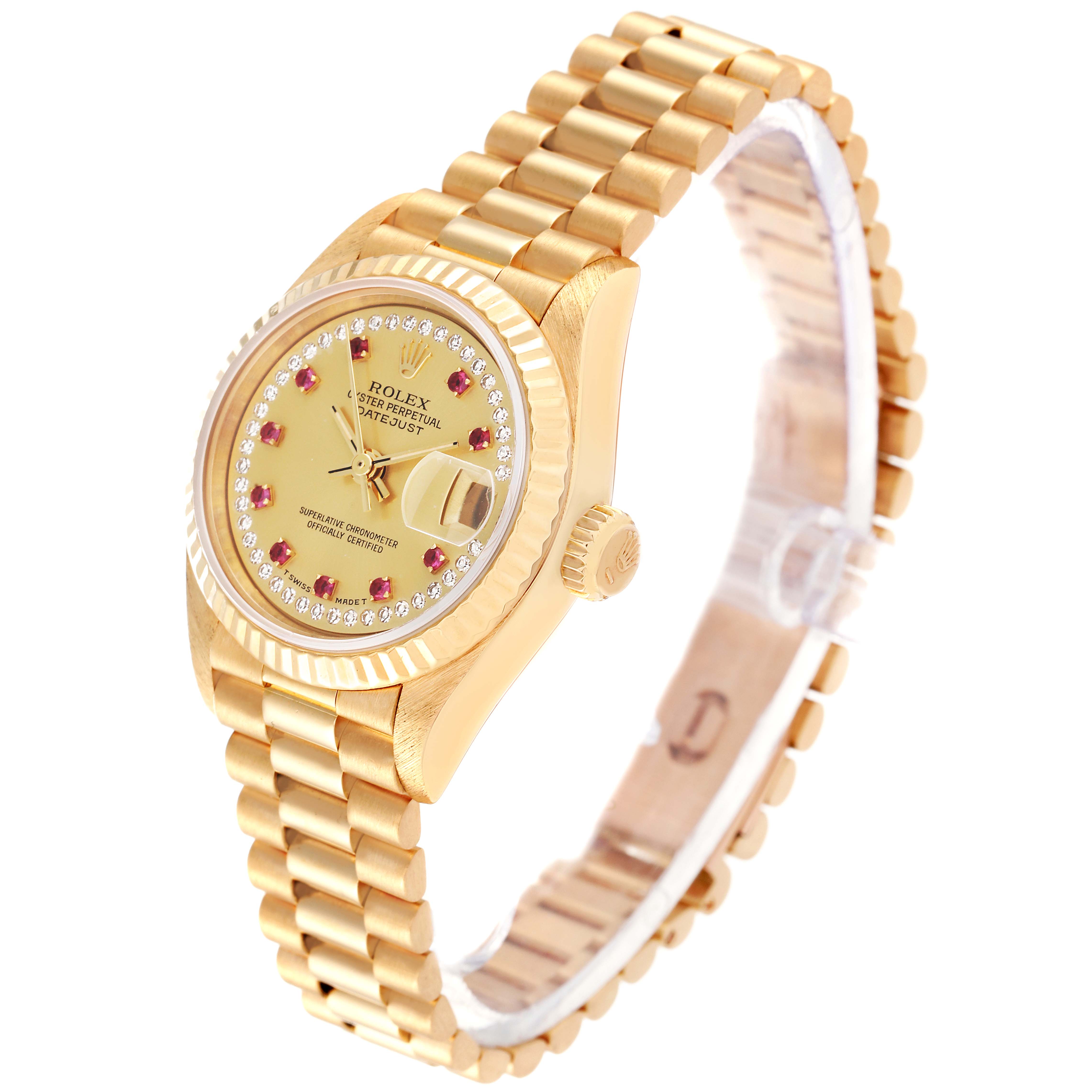 The Rolex President 69178 Women
s Yellow Gold Champagne Dial 69178 Women
s Yellow Gold Champagne Dial model watch is shown from a three-quarter angle, revealing the face, bezel, crown, and band.