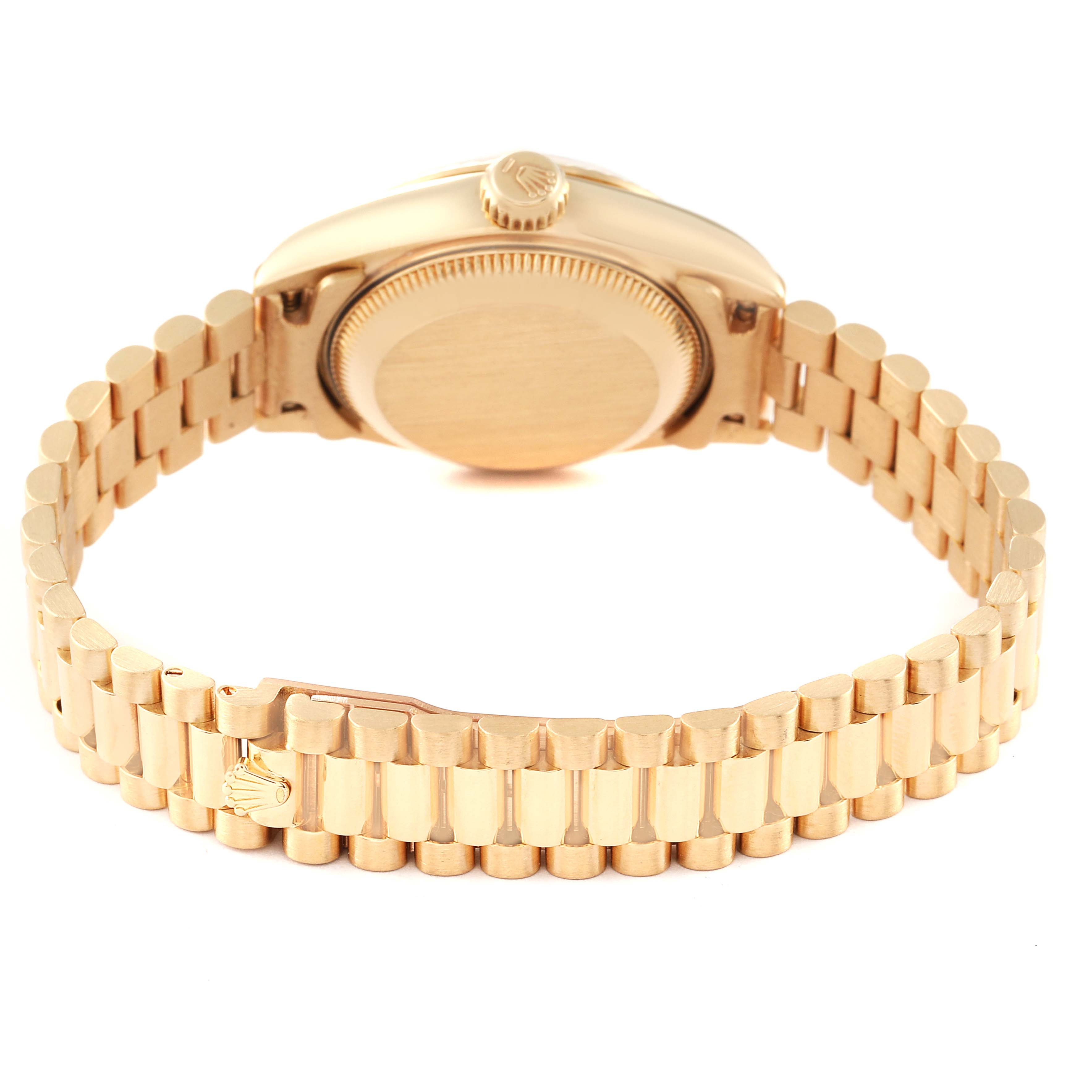 The image shows the back view of the Rolex President 69178 Women
s Yellow Gold Champagne Dial 69178 Women
s Yellow Gold Champagne Dial model watch, highlighting the case back and the bracelet.