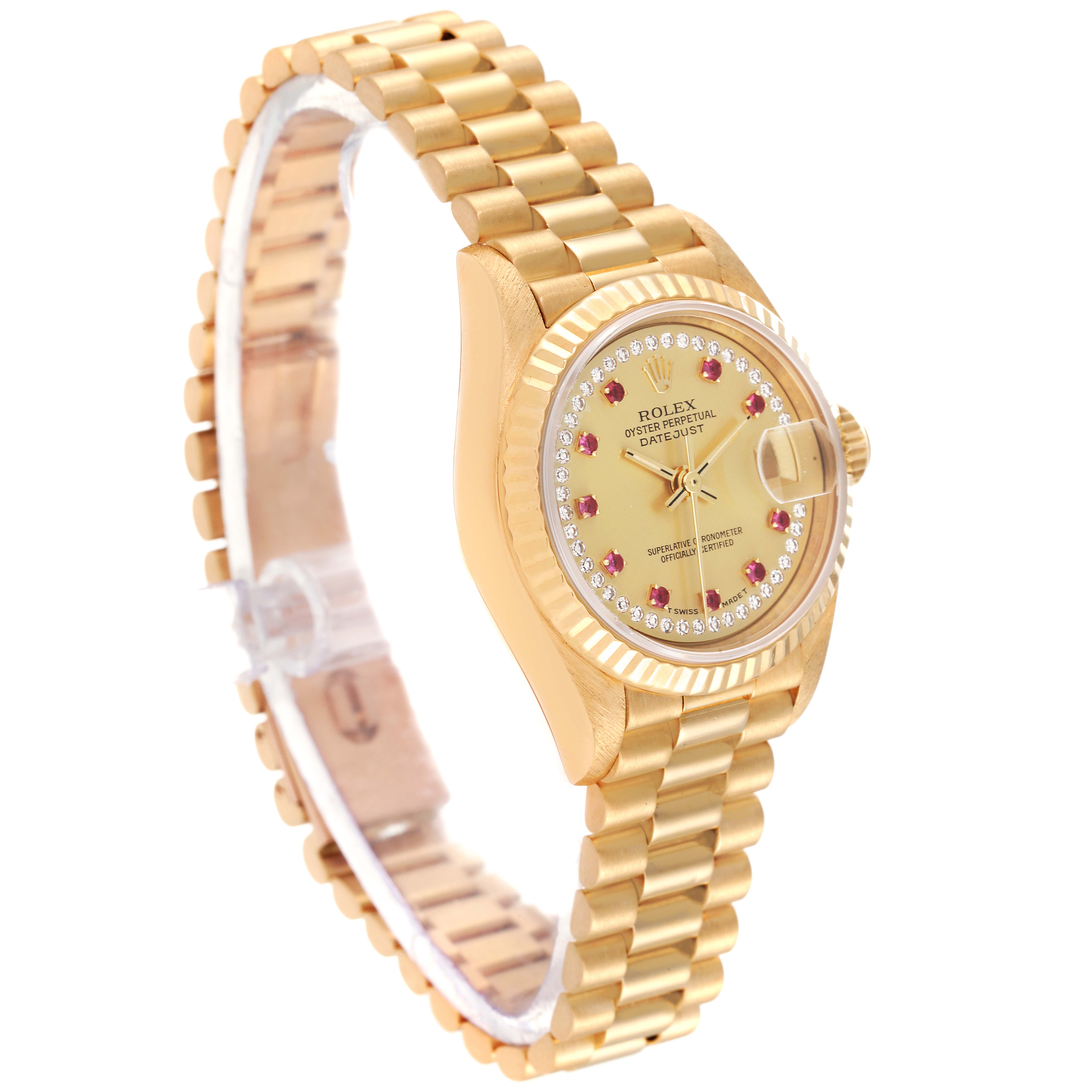 This Rolex President 69178 Women
s Yellow Gold Champagne Dial 69178 Women
s Yellow Gold Champagne Dial model watch is shown at an angle, displaying the bracelet, watch face, and part of the case.
