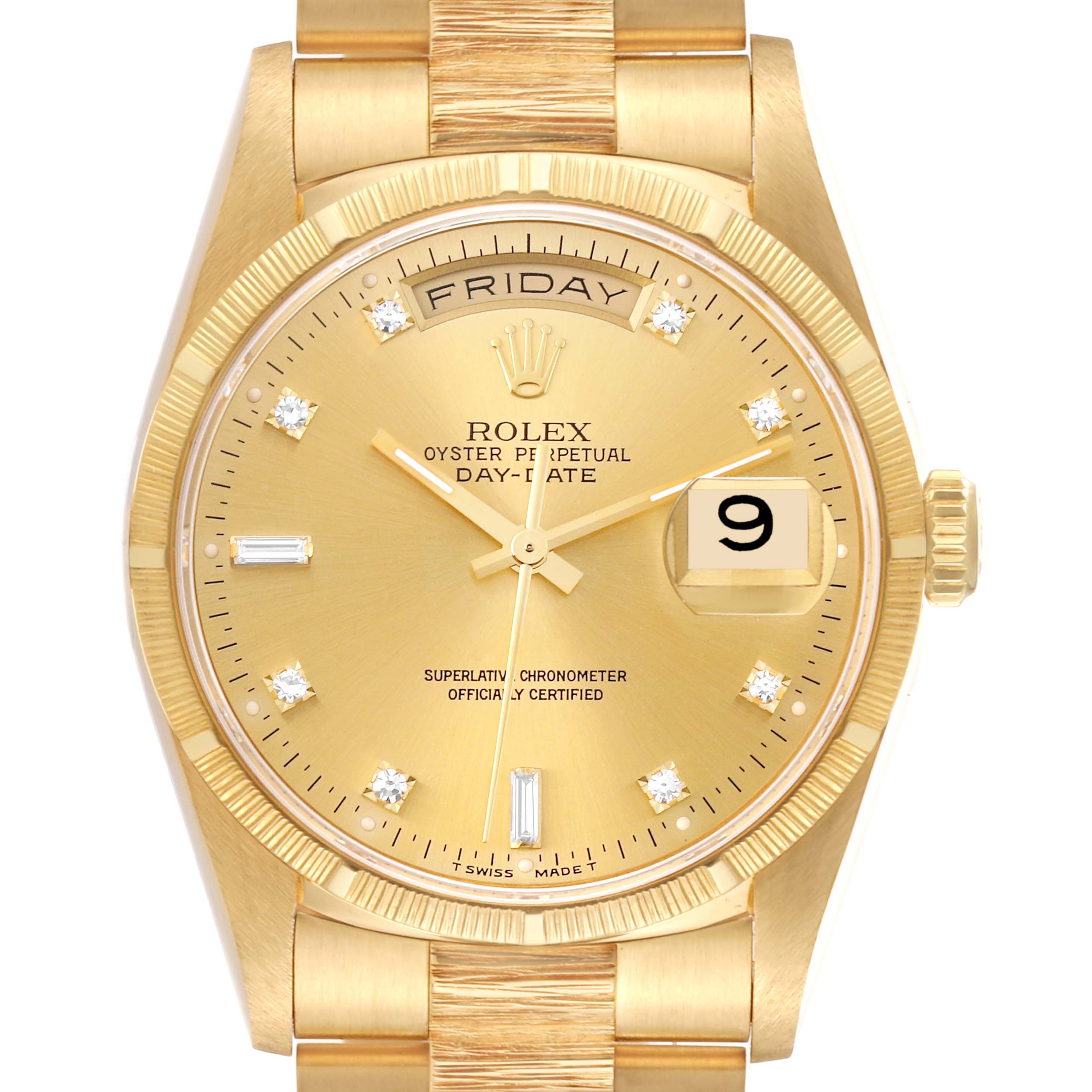 The image shows a front view of a Rolex President 18248 Men's Yellow Gold Champagne Dial 18248 Men's Yellow Gold Champagne Dial Day-Date watch, highlighting the dial, bezel, bracelet, and crown.