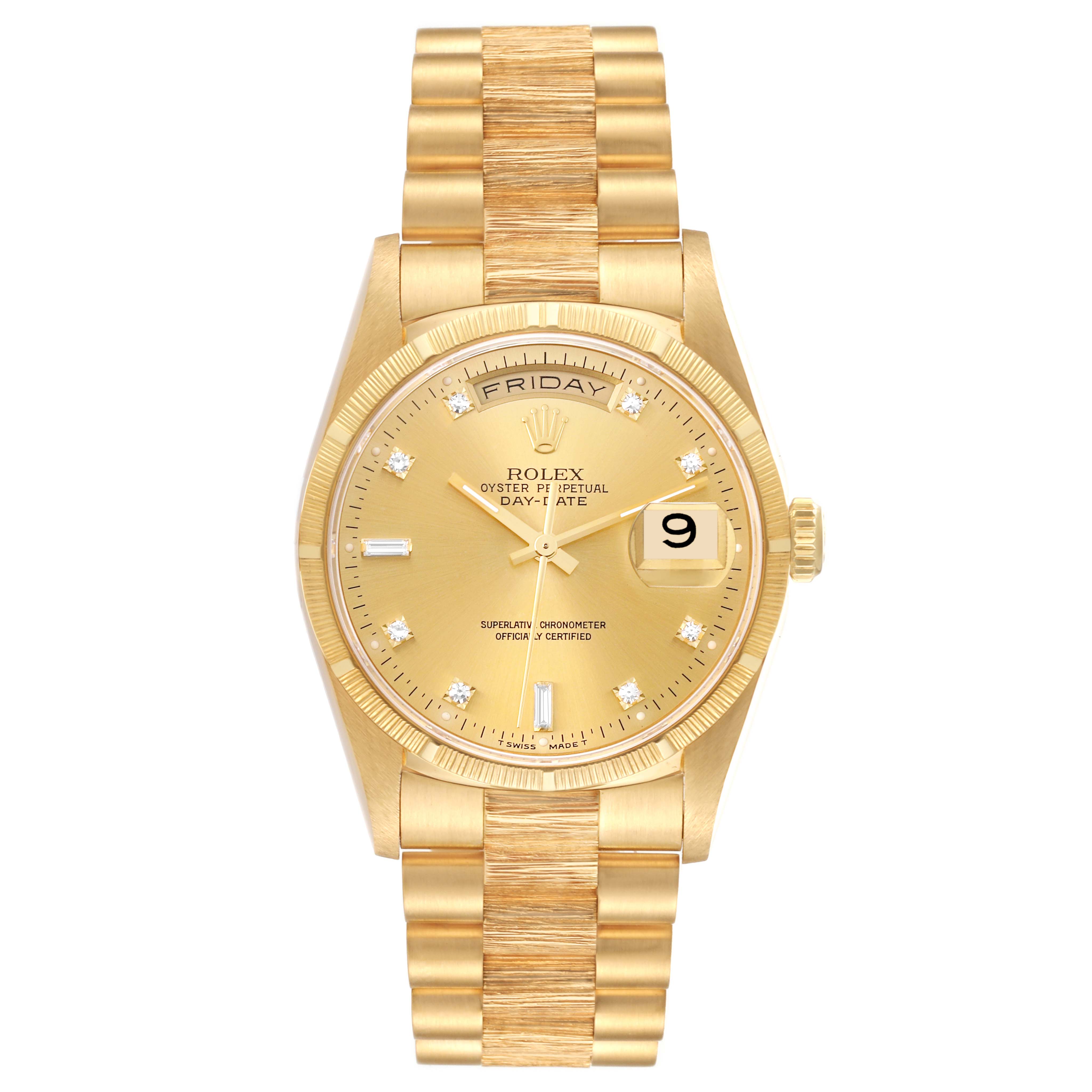 The image shows a frontal view of a Rolex President 18248 Men's Yellow Gold Champagne Dial 18248 Men's Yellow Gold Champagne Dial model watch, displaying its face, bracelet, and crown.