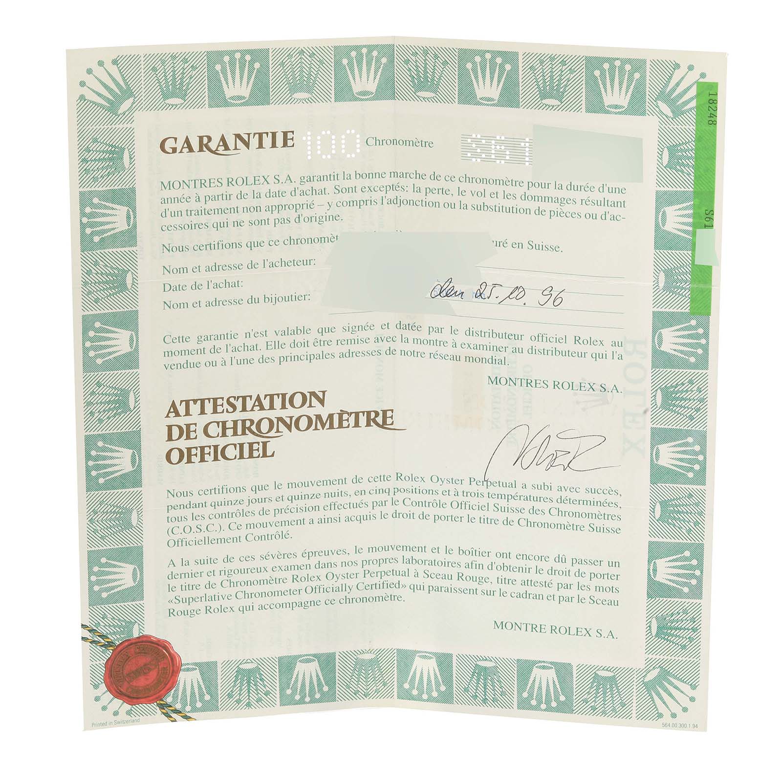 The image shows a warranty certificate for the President model by Rolex.