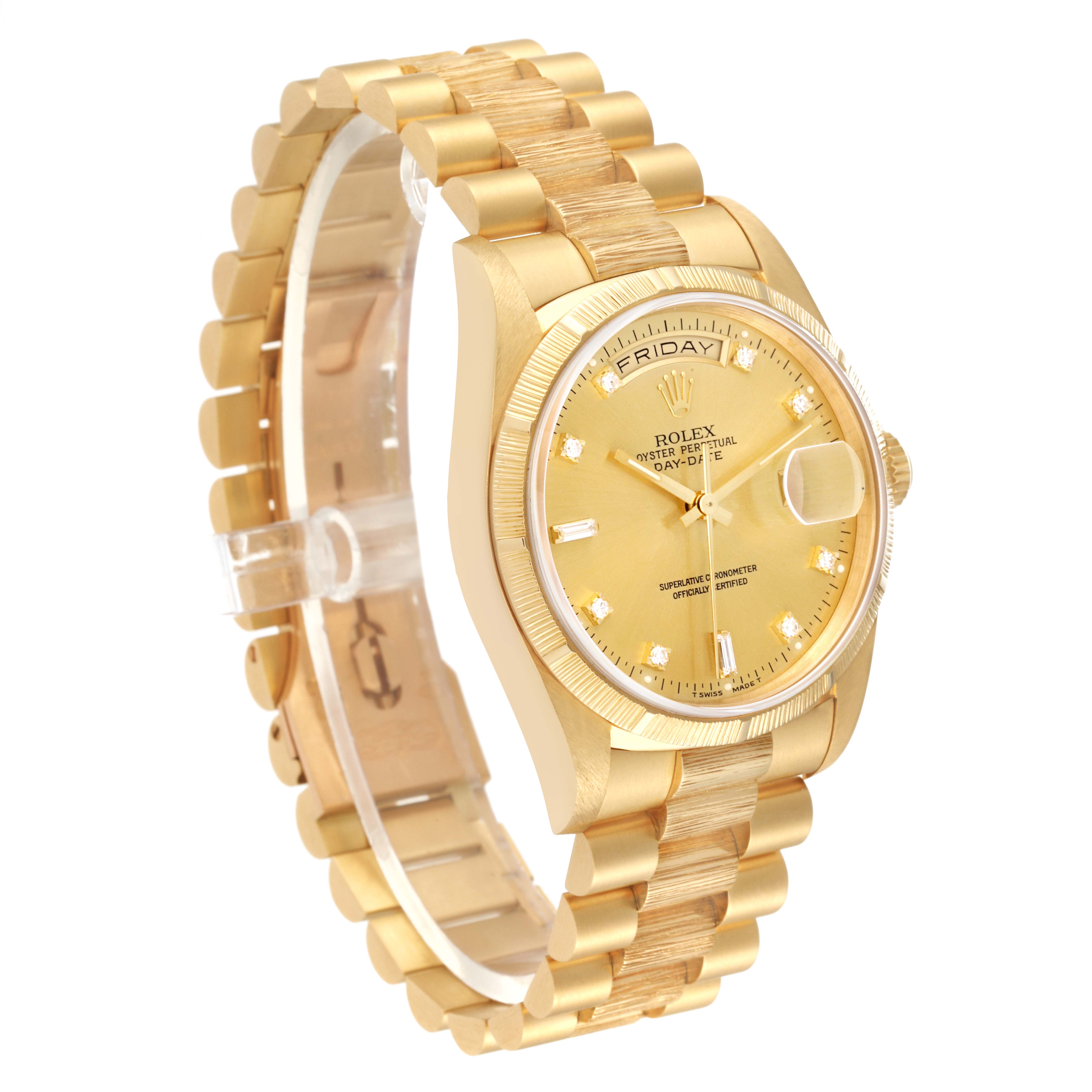 The image shows a Rolex President 18248 Men's Yellow Gold Champagne Dial 18248 Men's Yellow Gold Champagne Dial model watch from a three-quarter angle, displaying the dial, bracelet, and case prominently.