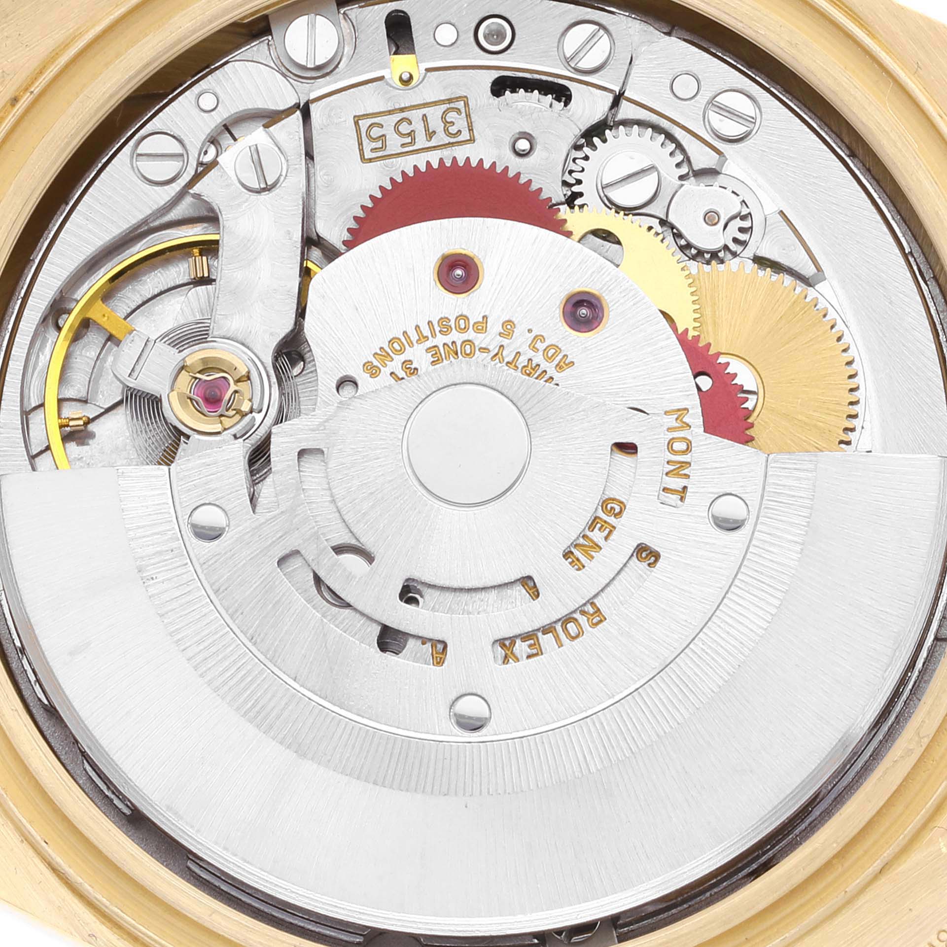 This is a close-up view of the movement and internal mechanism of a Rolex President 18248 Men's Yellow Gold Champagne Dial 18248 Men's Yellow Gold Champagne Dial model watch.