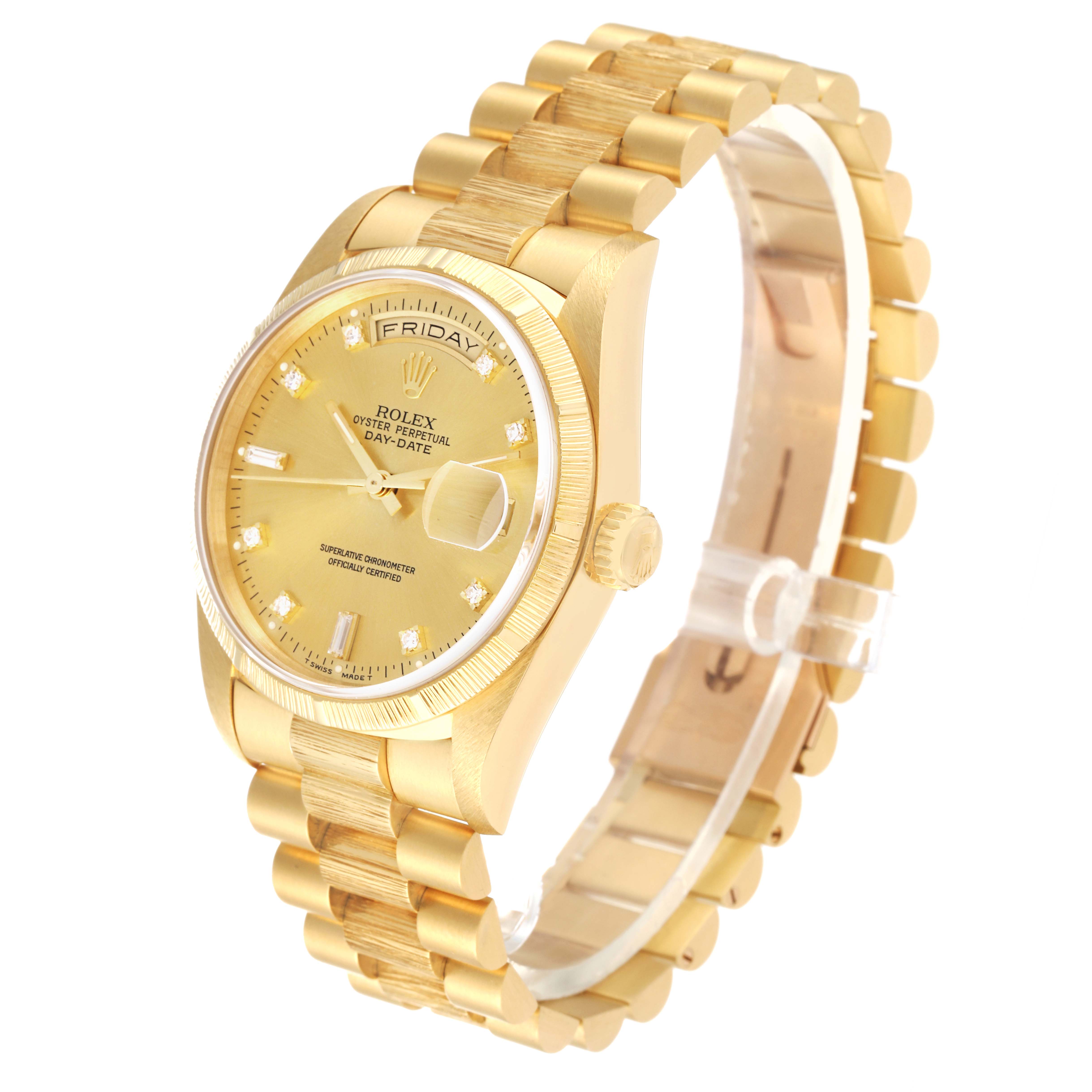 The image shows a Rolex President 18248 Men's Yellow Gold Champagne Dial 18248 Men's Yellow Gold Champagne Dial model watch at a three-quarter angle, highlighting the gold bracelet and dial.