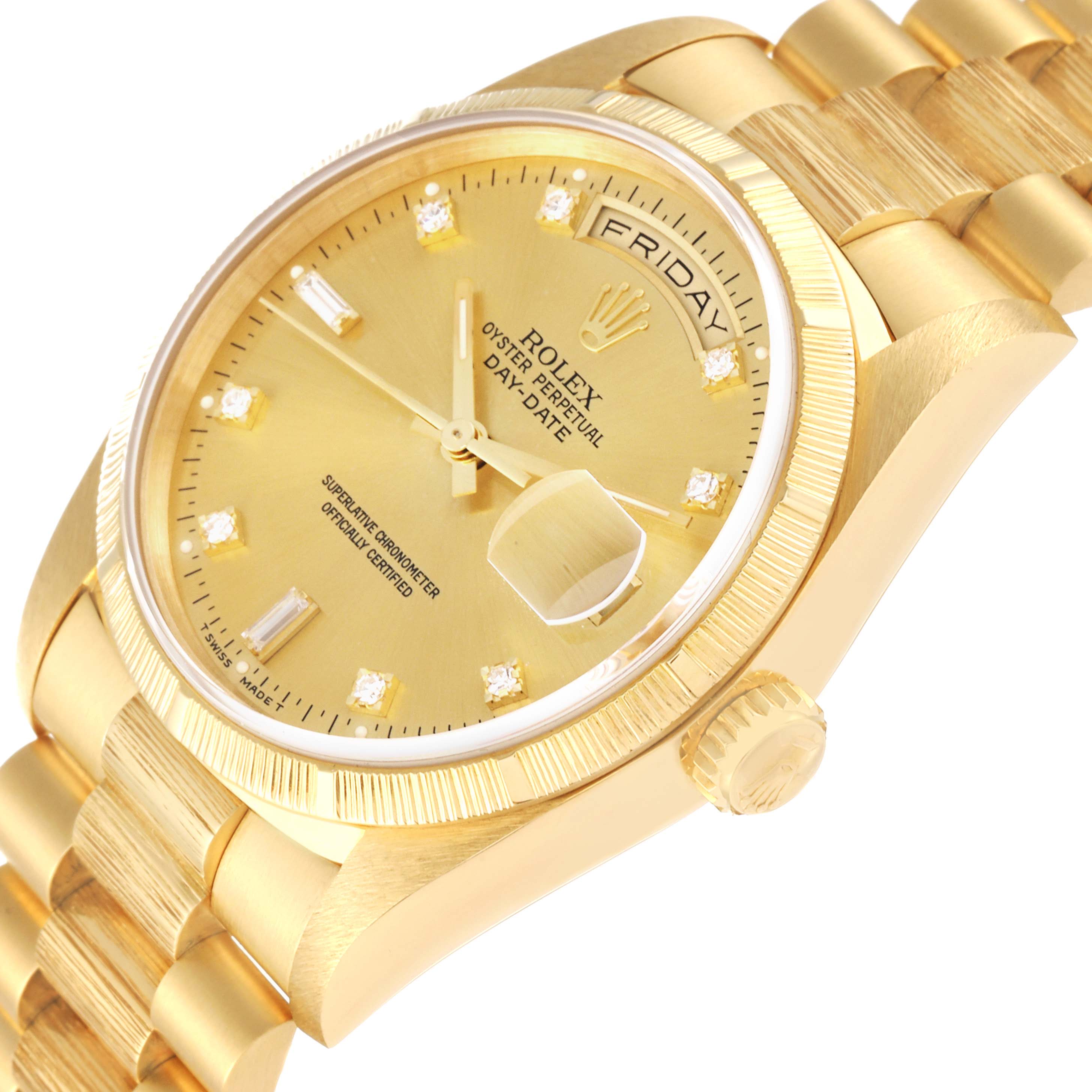 The image shows a close-up view of the dial, bezel, crown, and part of the bracelet of the Rolex President 18248 Men's Yellow Gold Champagne Dial 18248 Men's Yellow Gold Champagne Dial model.