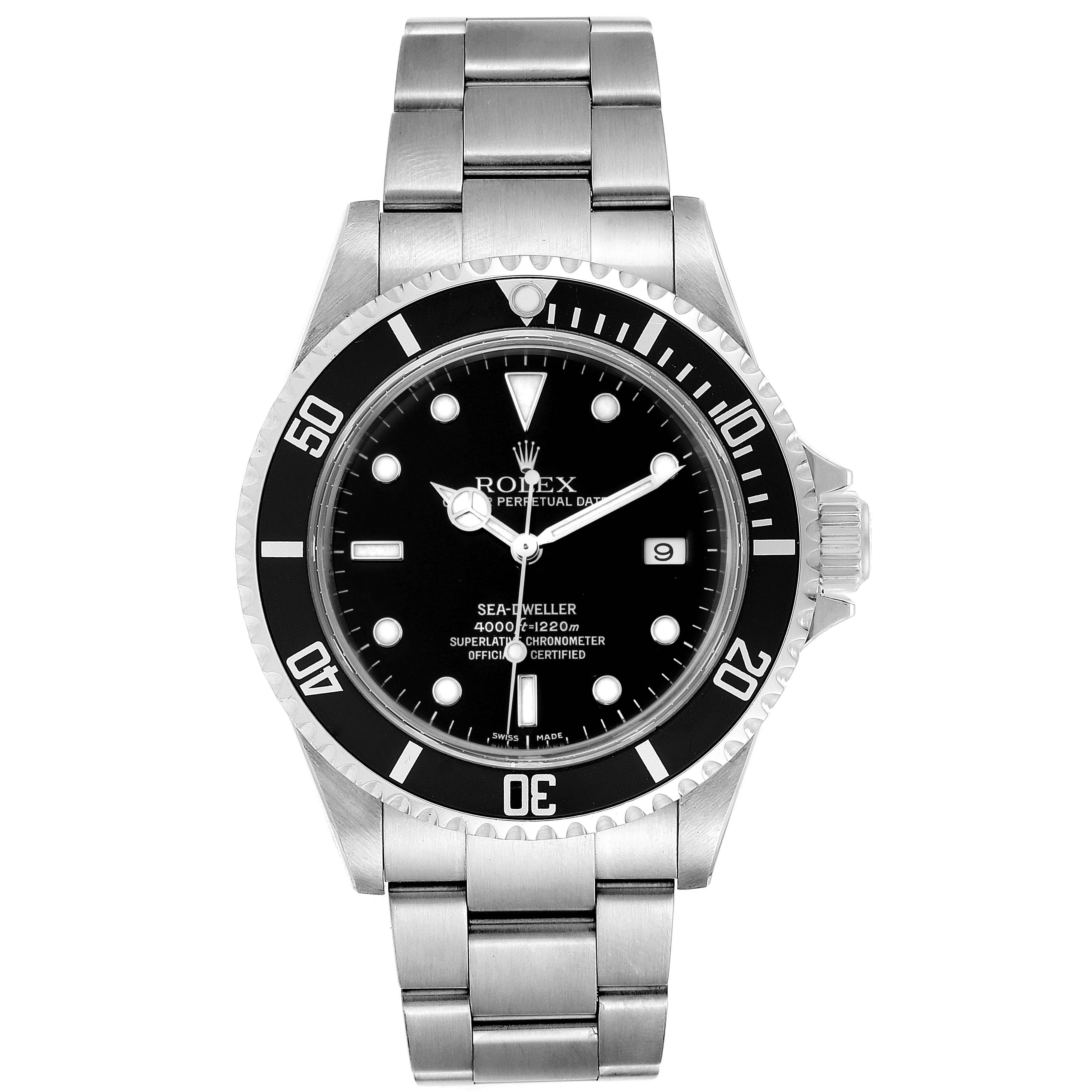 This is a front-facing view of a Rolex Submariner 16600 Men
s Stainless Steel Black Dial 16600 Men
s Stainless Steel Black Dial watch, showcasing the dial, bezel, bracelet, and clasp.