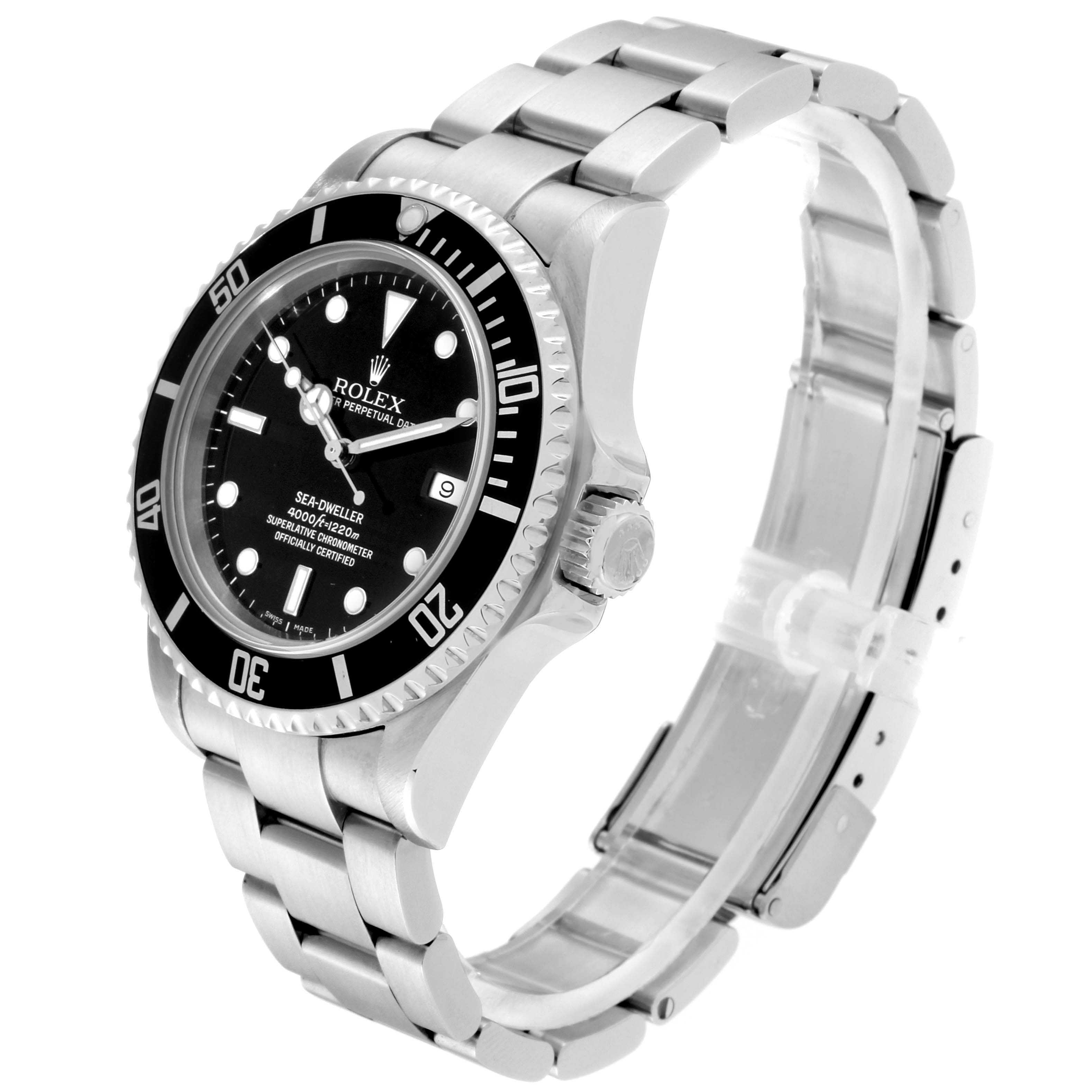 The image shows a Rolex Submariner 16600 Men
s Stainless Steel Black Dial 16600 Men
s Stainless Steel Black Dial watch at a side angle, highlighting its face, bezel, crown, and metal bracelet.