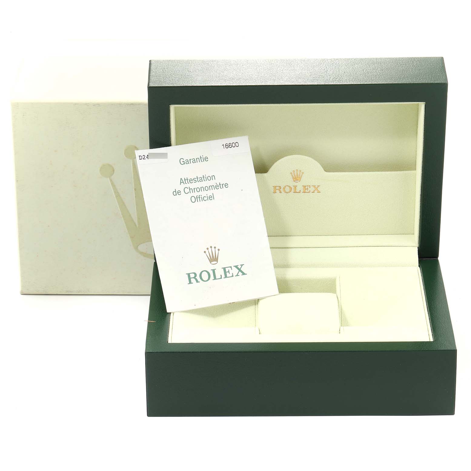 This image shows the packaging and guarantee card of a Rolex Submariner 16600 Men
s Stainless Steel Black Dial 16600 Men
s Stainless Steel Black Dial watch, with the box lid open.