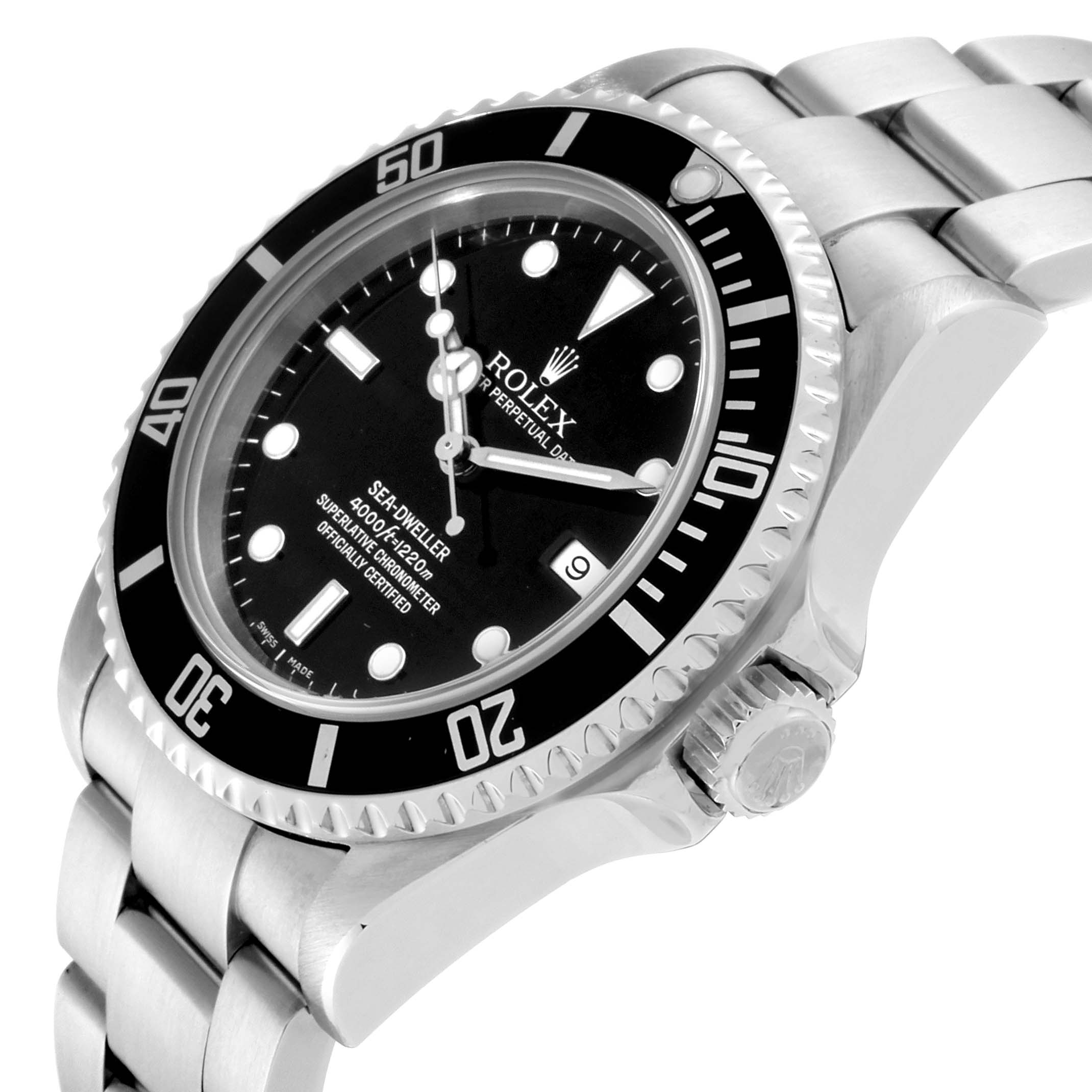 The image shows a Rolex Submariner 16600 Men
s Stainless Steel Black Dial 16600 Men
s Stainless Steel Black Dial watch at an angled view, highlighting the face, bezel, crown, and bracelet.