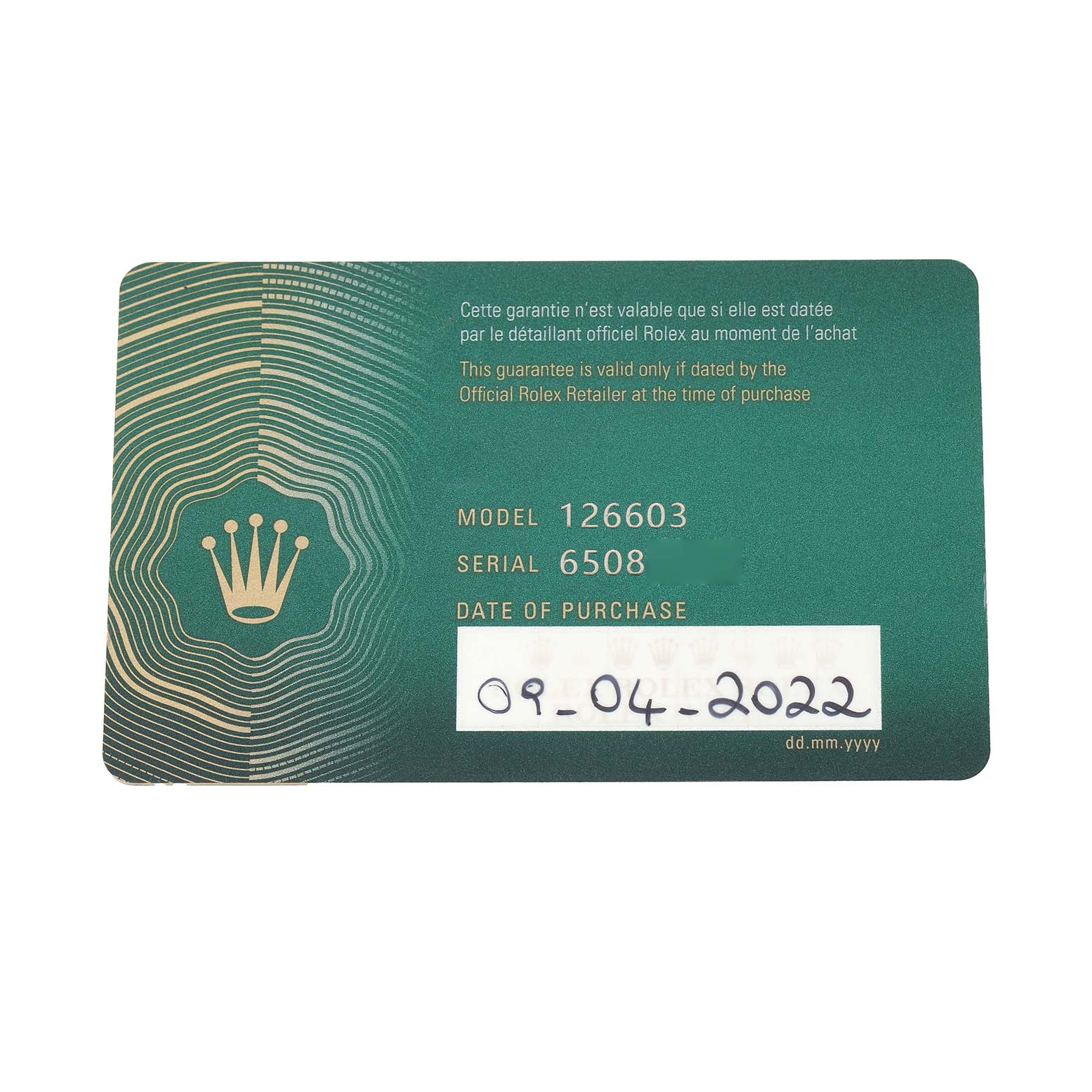 The image shows the warranty card for a Rolex Sea-Dweller 126603 Men
s Steel and Gold (two tone) Black Dial model 126603.