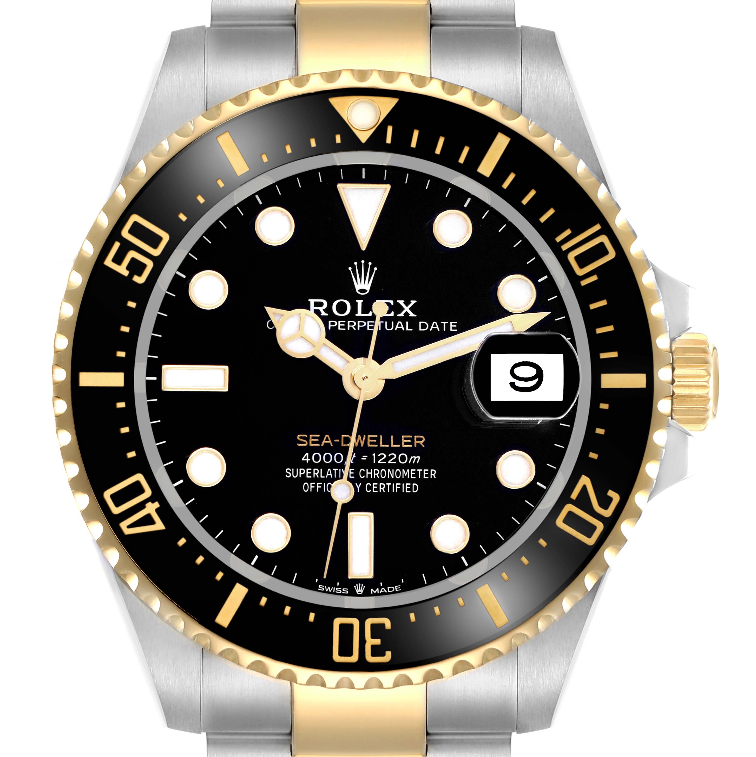 The Rolex Sea-Dweller 126603 Men
s Steel and Gold (two tone) Black Dial watch is shown from a front angle, highlighting the dial, bezel, and part of the bracelet.