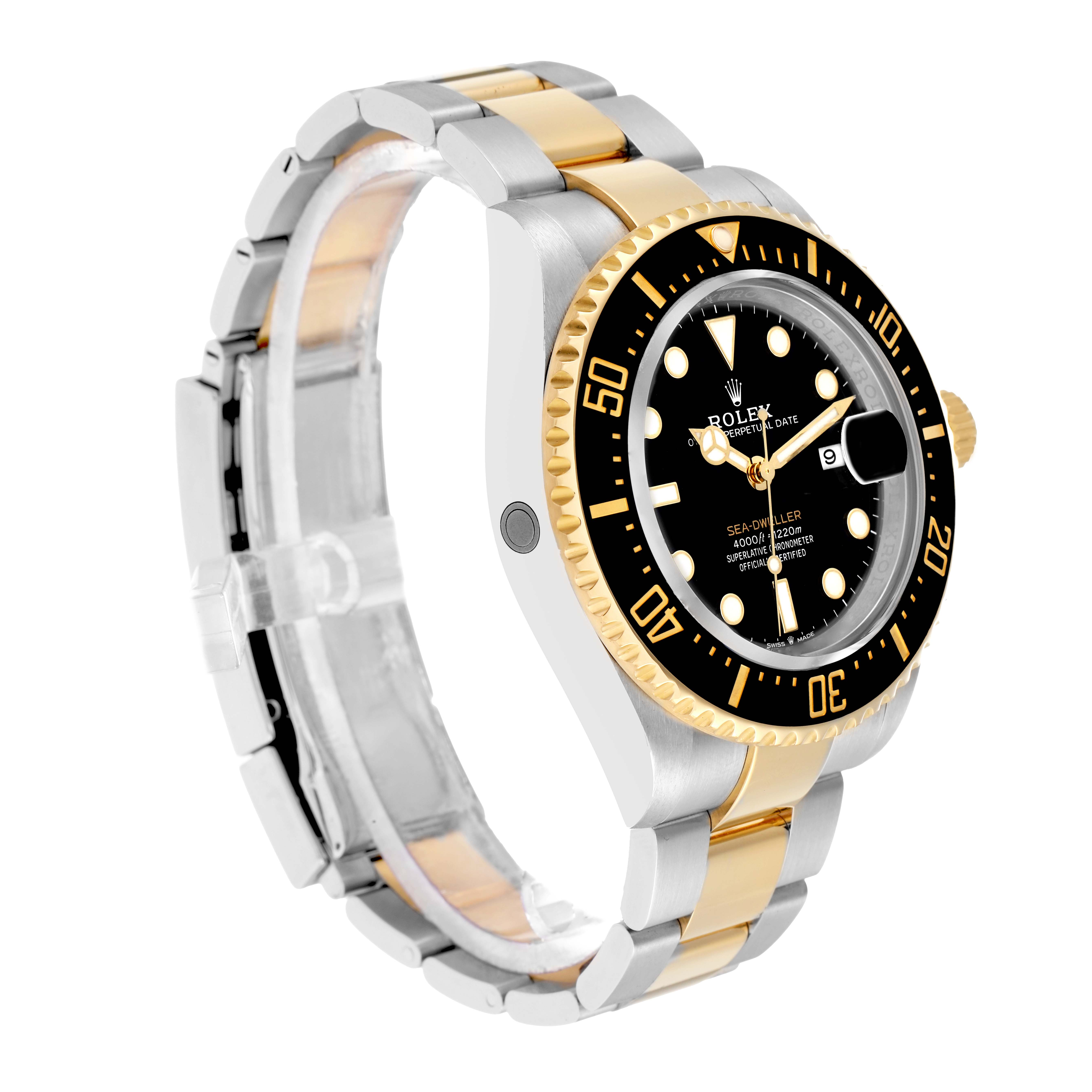 The Rolex Sea-Dweller 126603 Men
s Steel and Gold (two tone) Black Dial watch is shown at a slight angle, highlighting the bezel, dial, and two-tone bracelet.