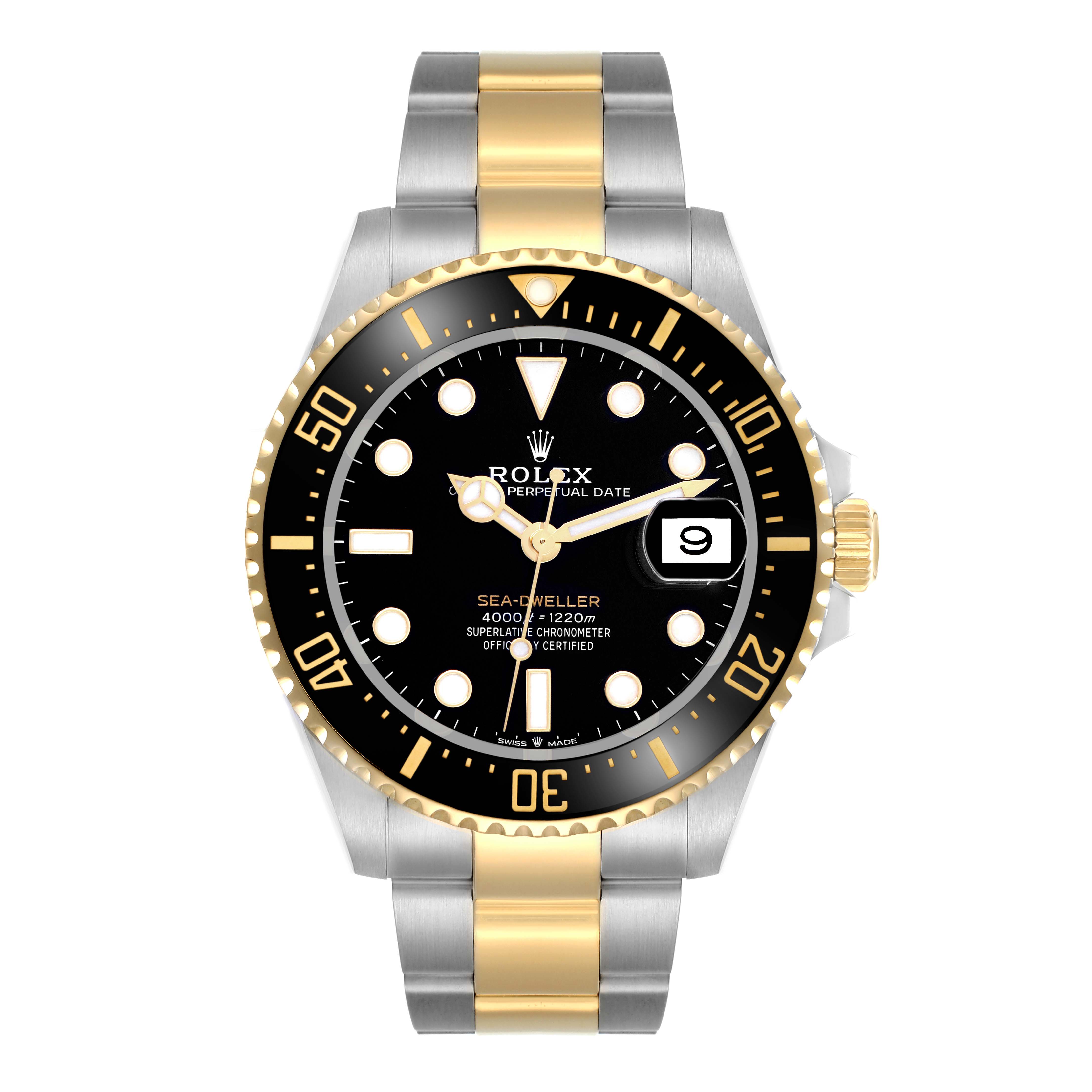 The Rolex Sea-Dweller 126603 Men
s Steel and Gold (two tone) Black Dial watch is shown from a front angle, highlighting its bezel, dial, and bracelet.