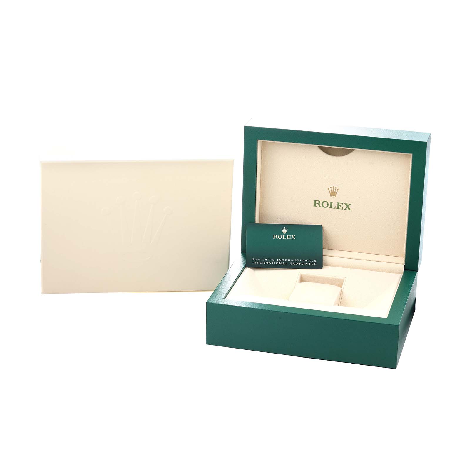 The image shows an open Rolex Sea-Dweller 126603 Men
s Steel and Gold (two tone) Black Dial watch box with an international guarantee card and outer packaging.
