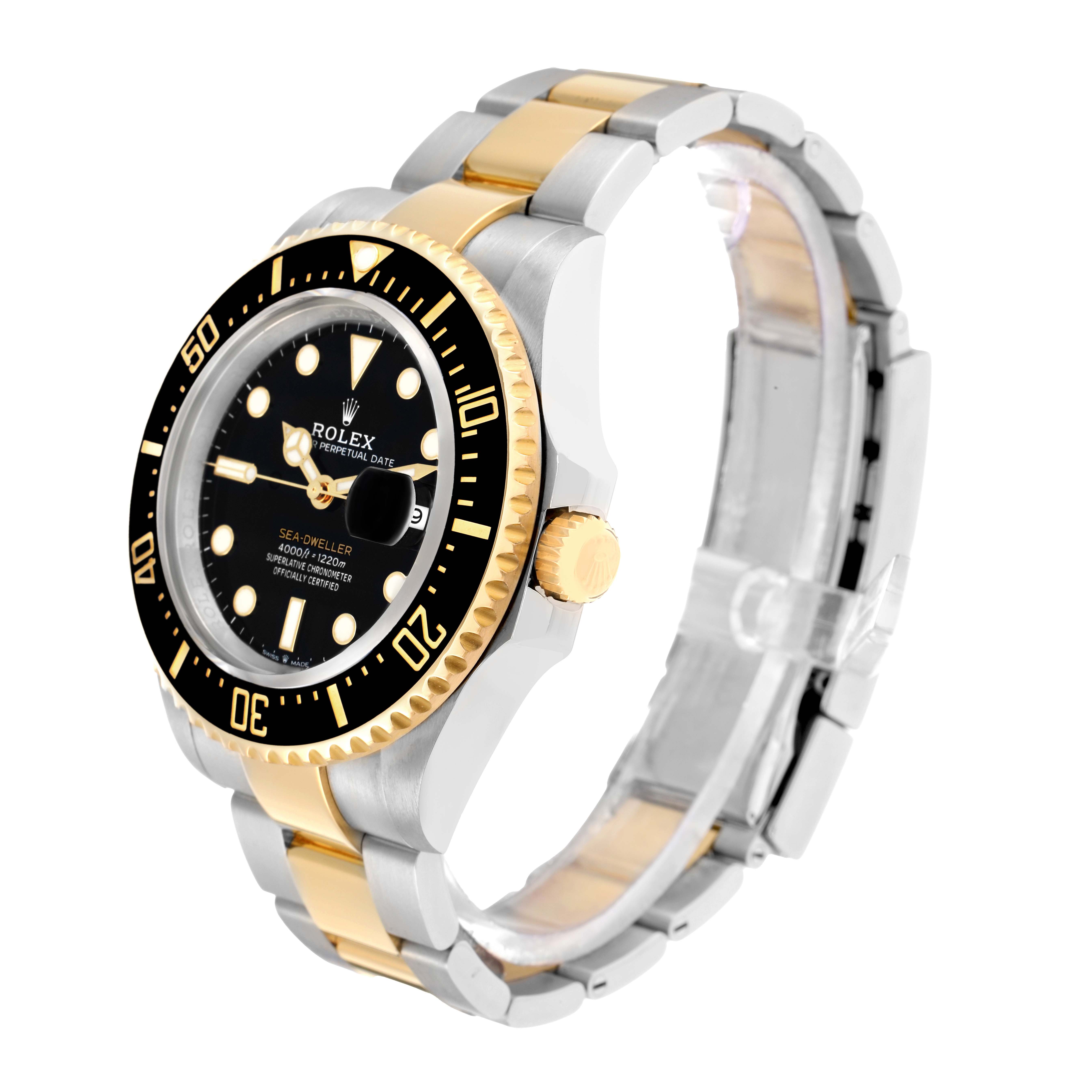 The Rolex Sea-Dweller 126603 Men
s Steel and Gold (two tone) Black Dial watch is shown at a three-quarter angle, highlighting the bezel, dial, crown, and bracelet.