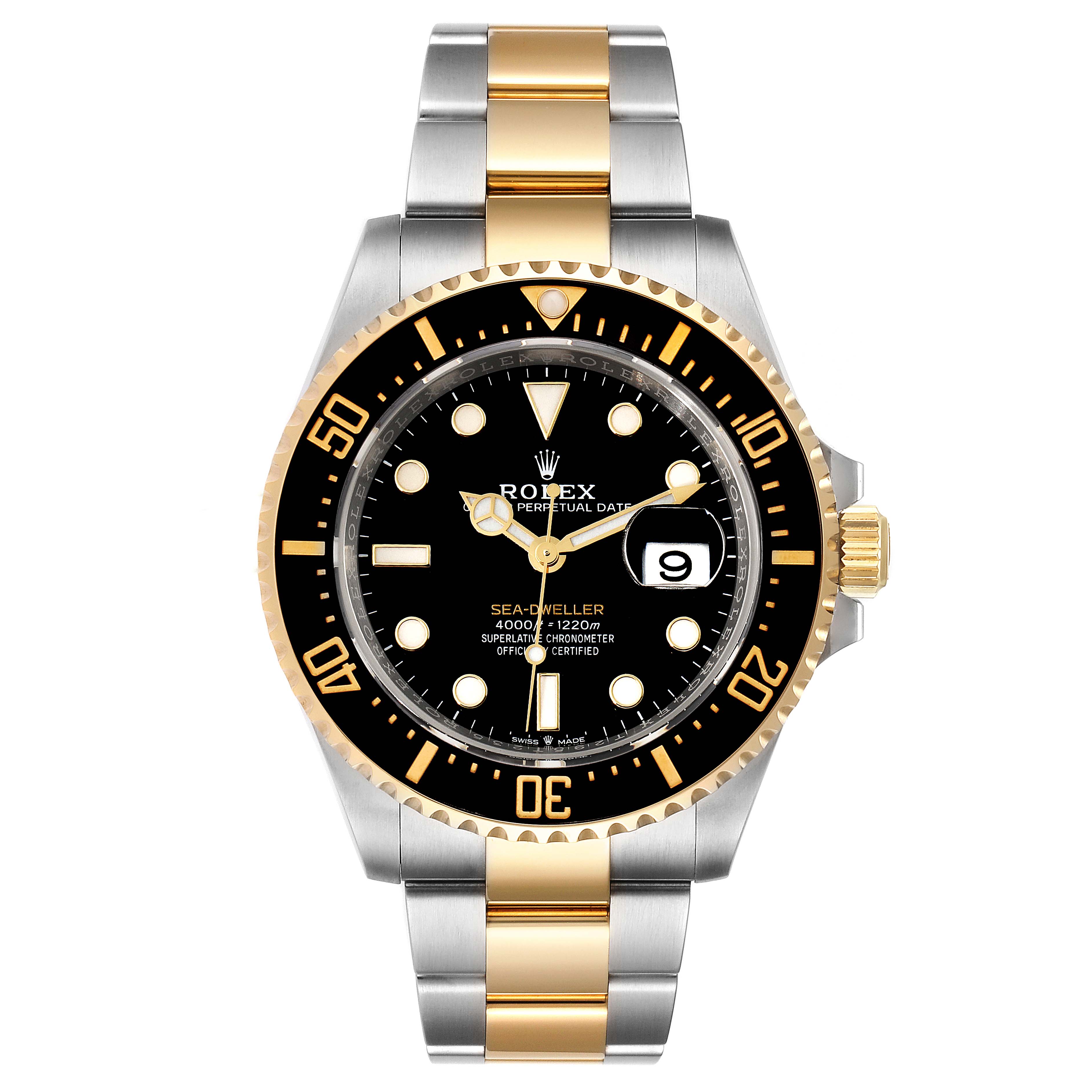 The image shows the face and bracelet of the Rolex Sea-Dweller 126603 Men's Steel and Gold (two tone) Black Dial 126603 Men's Steel and Gold (two tone) Black Dial watch, viewed from the front.
