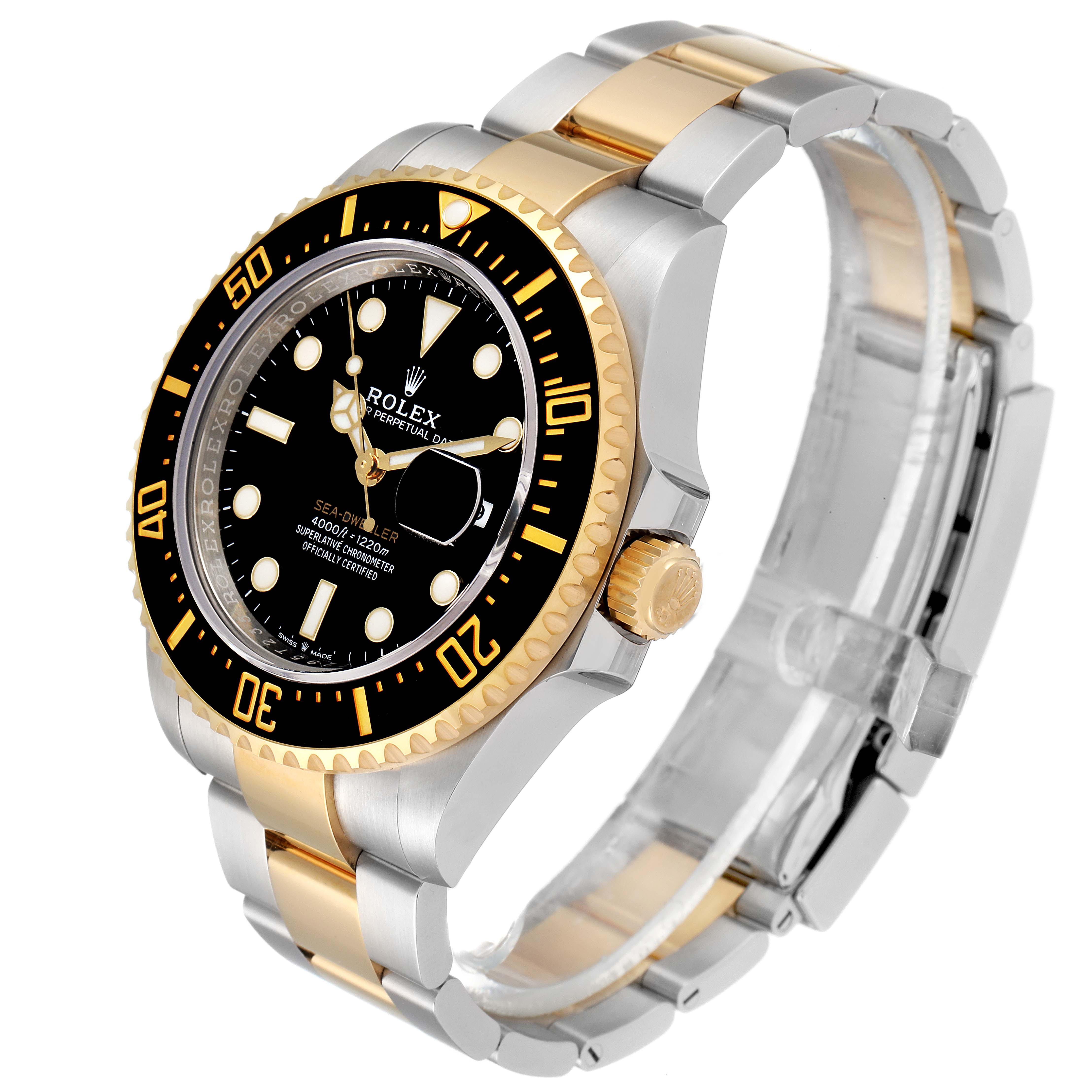 This image shows the Rolex Sea-Dweller 126603 Men's Steel and Gold (two tone) Black Dial 126603 Men's Steel and Gold (two tone) Black Dial watch from an angled side view, highlighting the bezel, dial, crown, and bracelet.