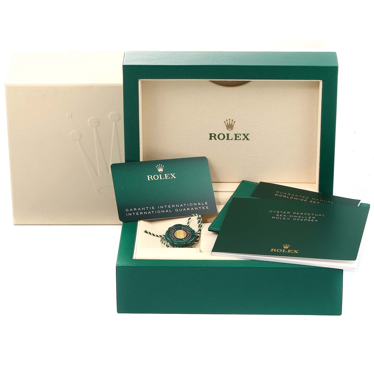 The image shows a Rolex Sea-Dweller 126603 Men's Steel and Gold (two tone) Black Dial 126603 Men's Steel and Gold (two tone) Black Dial packaging box, international guarantee card, manuals, and a green Rolex tag.