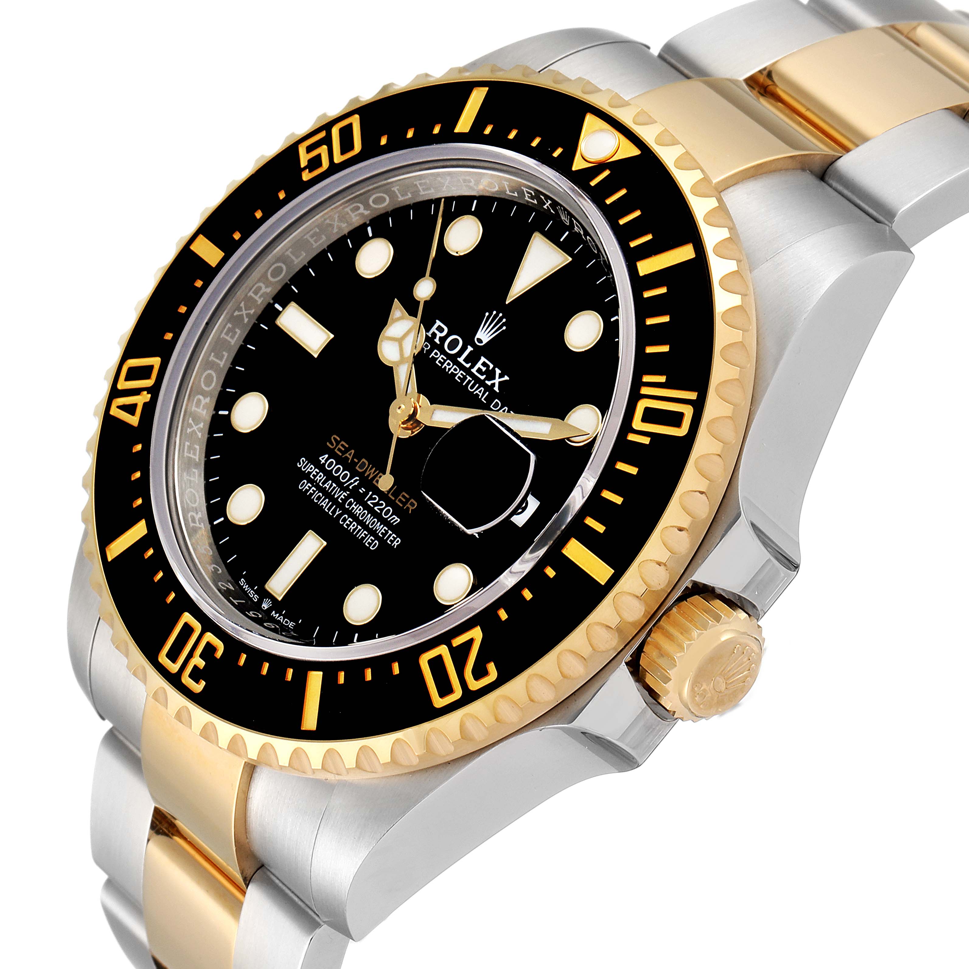The image shows a close-up of the Rolex Sea-Dweller 126603 Men's Steel and Gold (two tone) Black Dial 126603 Men's Steel and Gold (two tone) Black Dial watch, focusing on the dial, bezel, and part of the two-tone bracelet.