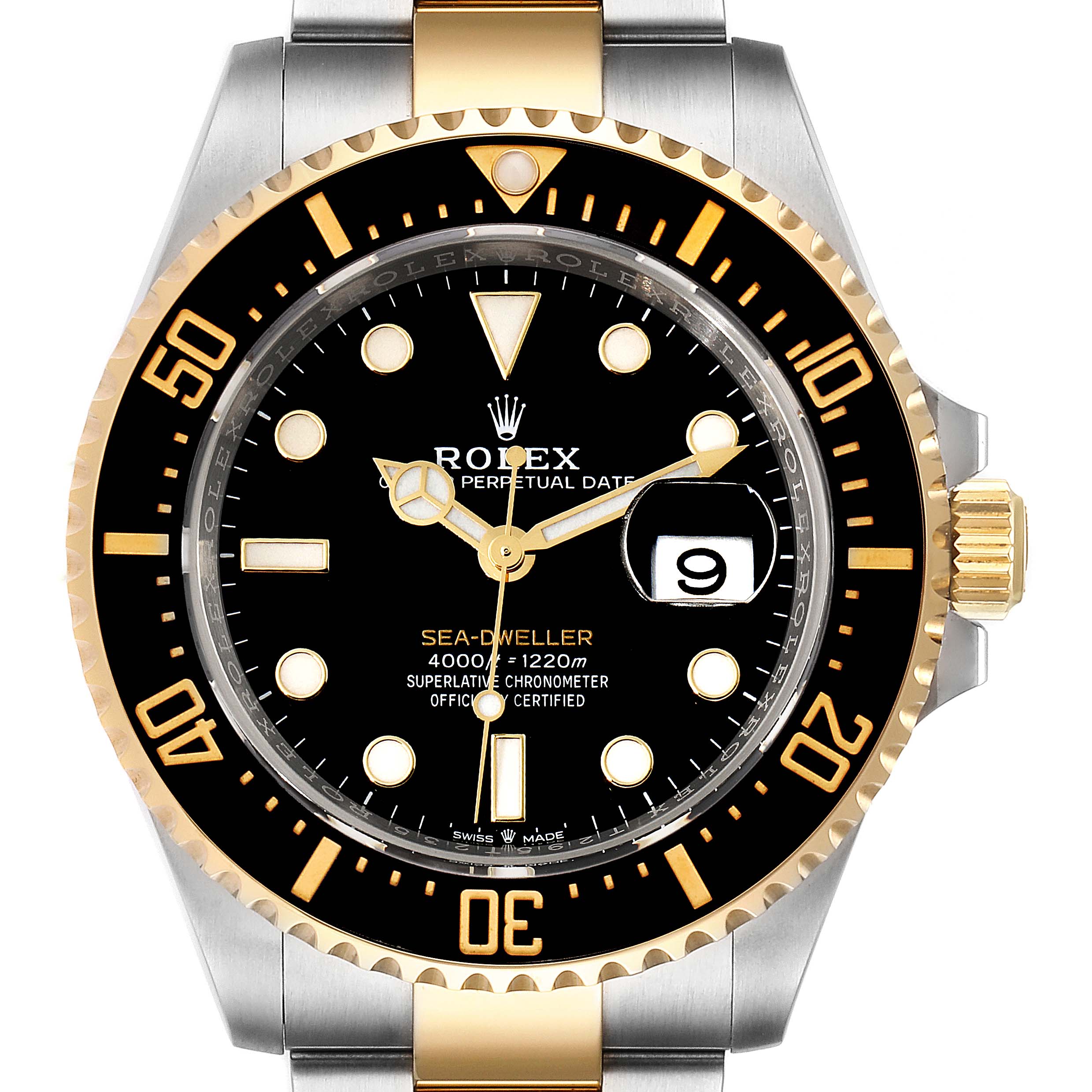 This image shows a front view of the Rolex Sea-Dweller 126603 Men's Steel and Gold (two tone) Black Dial 126603 Men's Steel and Gold (two tone) Black Dial watch, highlighting the dial, bezel, and partial bracelet.
