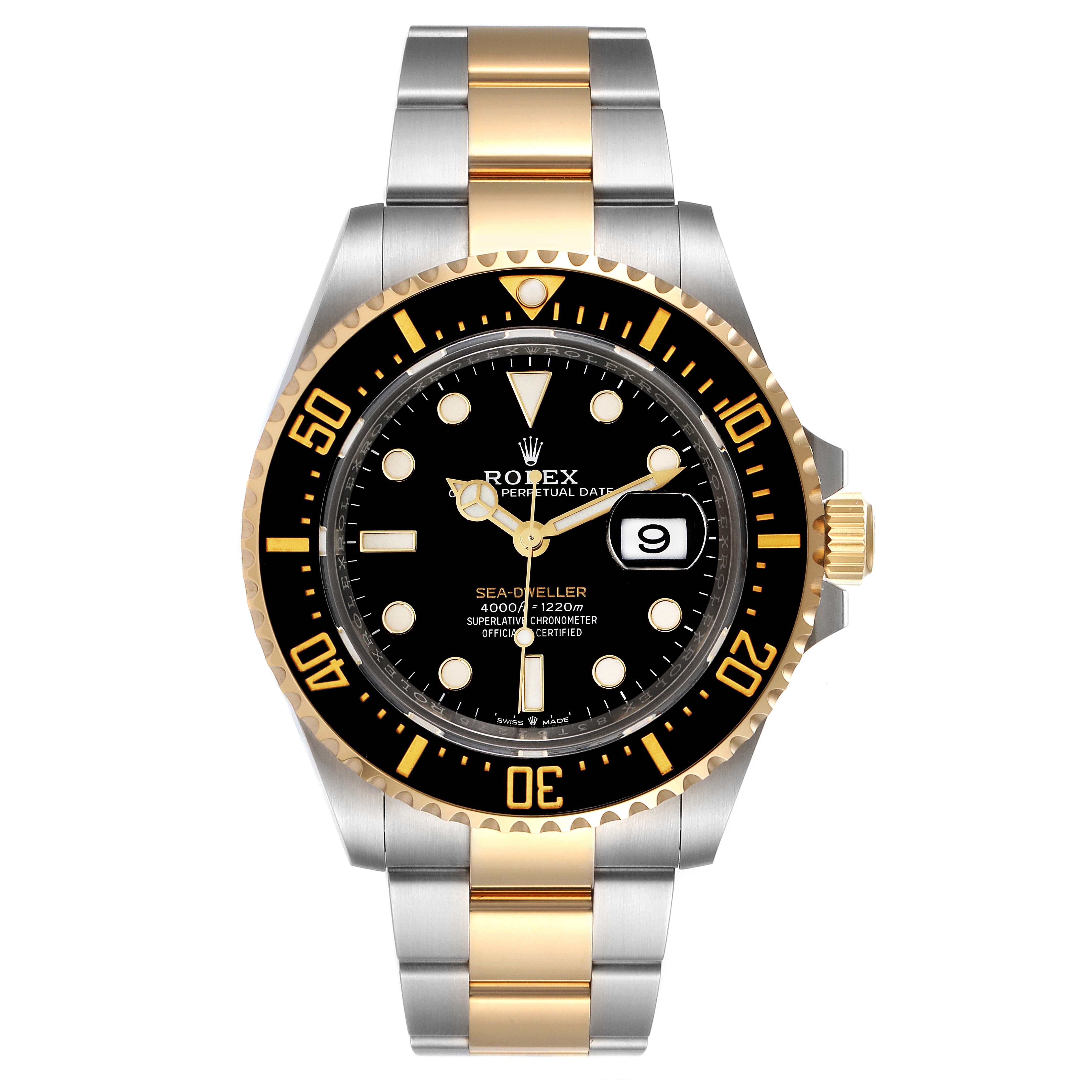 The image shows a front view of the Rolex Sea-Dweller 126603 Men's Steel and Gold (two tone) Black Dial 126603 Men's Steel and Gold (two tone) Black Dial watch, highlighting its bezel, dial, hands, and two-tone bracelet.