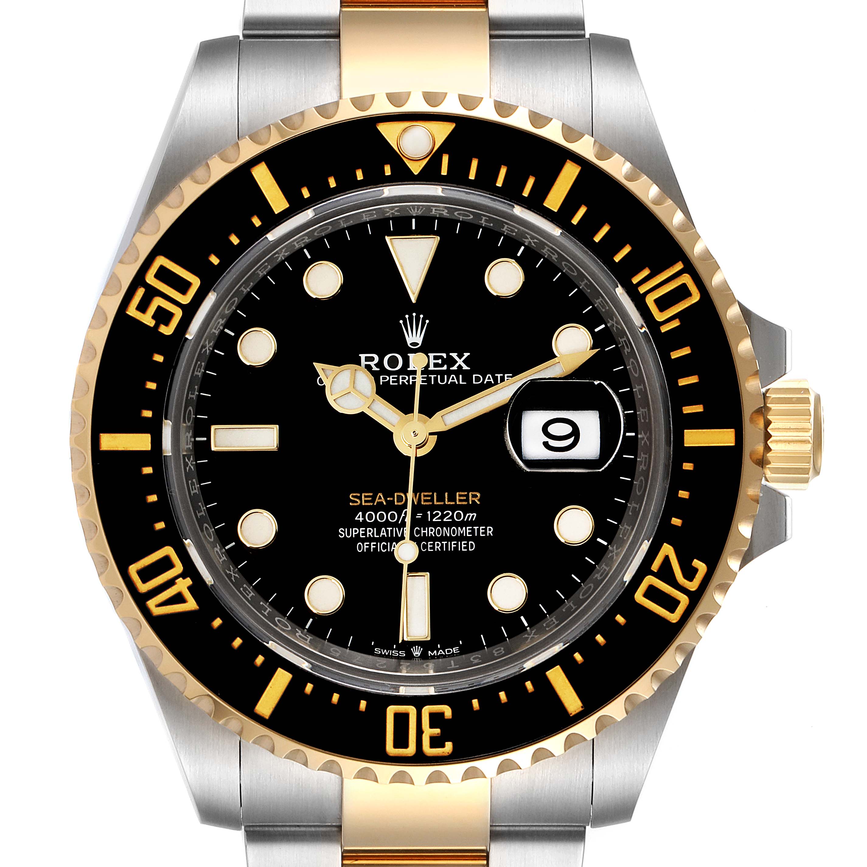 This image shows a front view of the Rolex Sea-Dweller 126603 Men's Steel and Gold (two tone) Black Dial 126603 Men's Steel and Gold (two tone) Black Dial watch, highlighting the dial, bezel, date, and part of the bracelet.