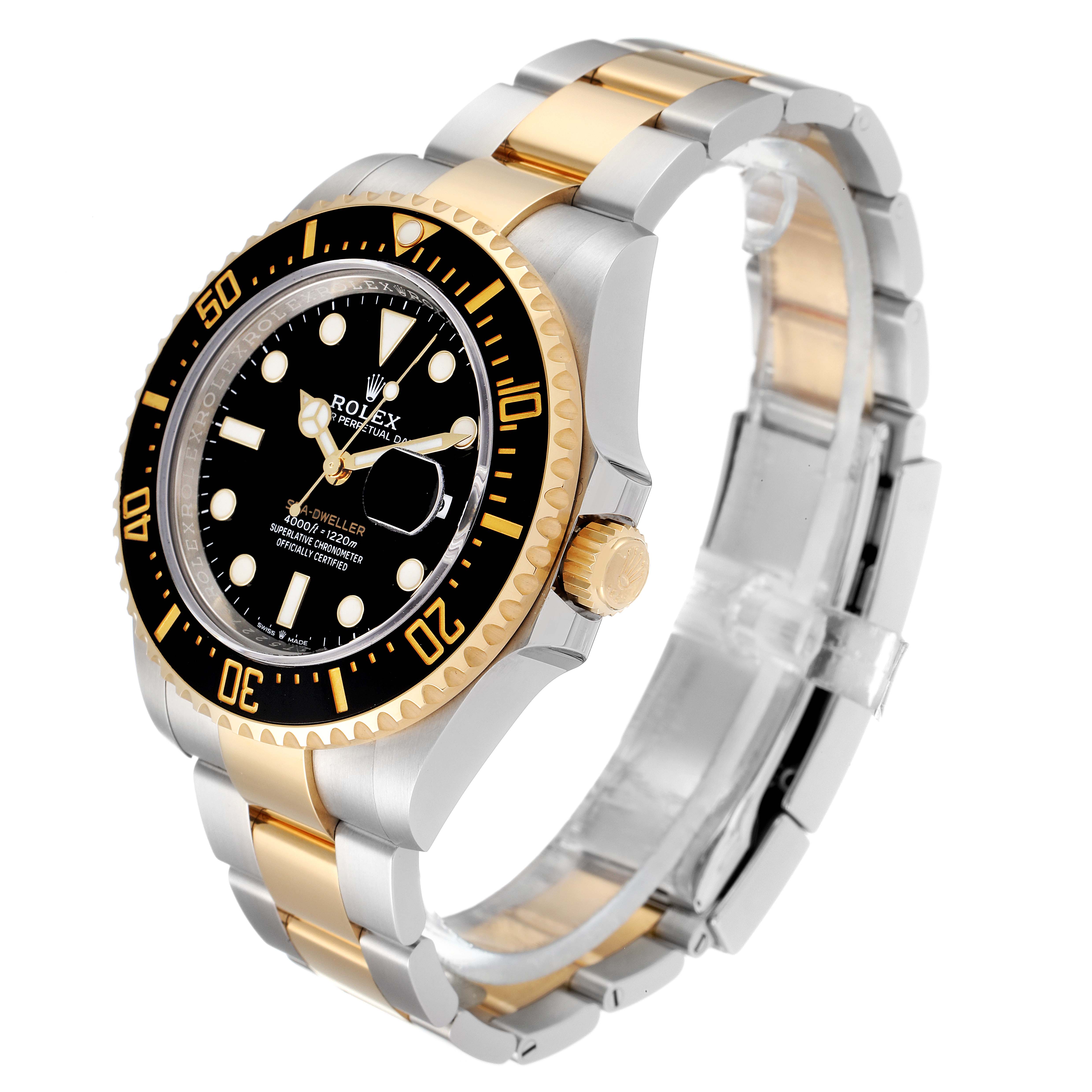 The Rolex Sea-Dweller 126603 Men's Steel and Gold (two tone) Black Dial 126603 Men's Steel and Gold (two tone) Black Dial watch is shown at a three-quarter angle, highlighting its black dial, gold and stainless steel bracelet, and bezel.
