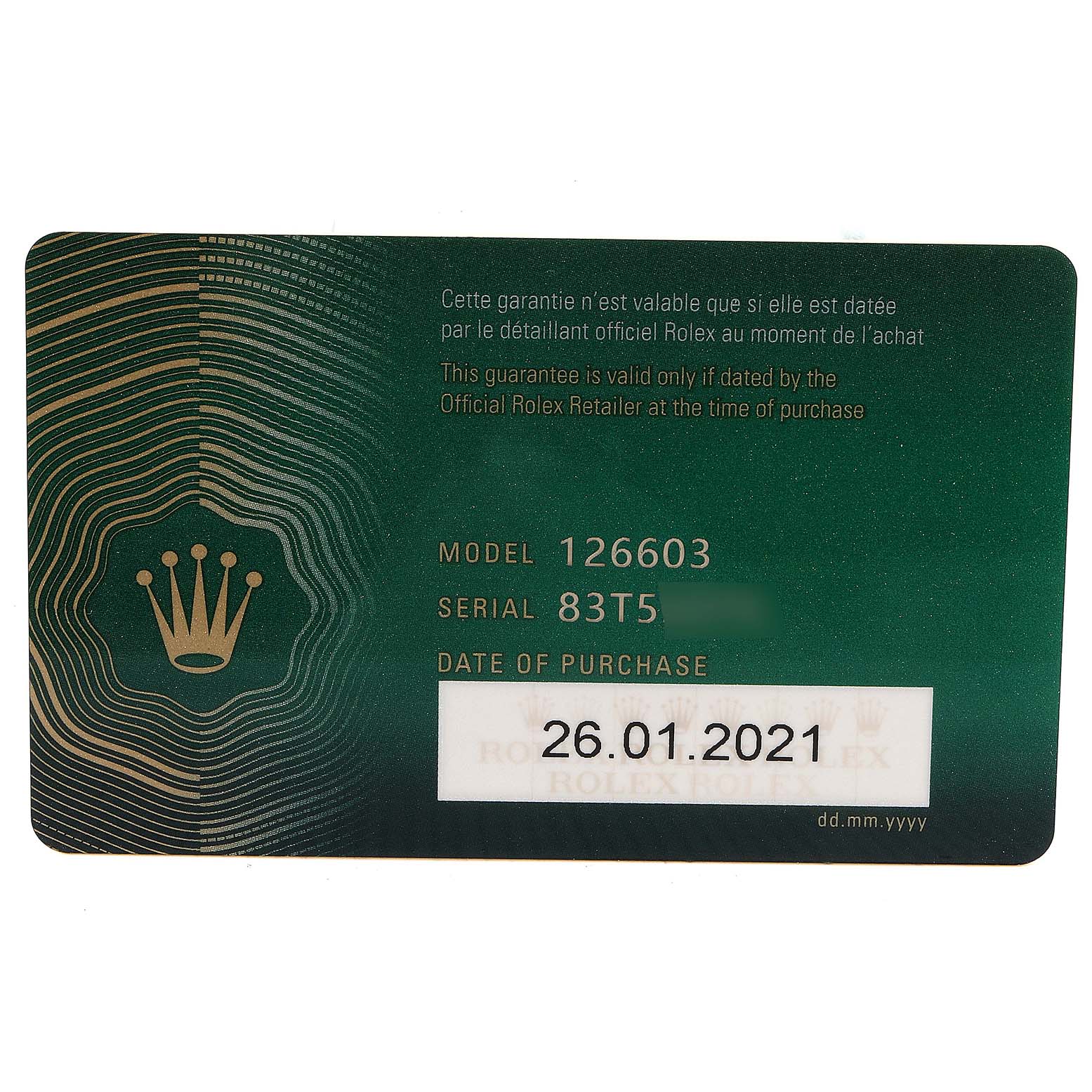 The image shows a warranty card for a Rolex Sea-Dweller 126603 Men's Steel and Gold (two tone) Black Dial 126603 Men's Steel and Gold (two tone) Black Dial model 126603, displaying the serial number and purchase date.