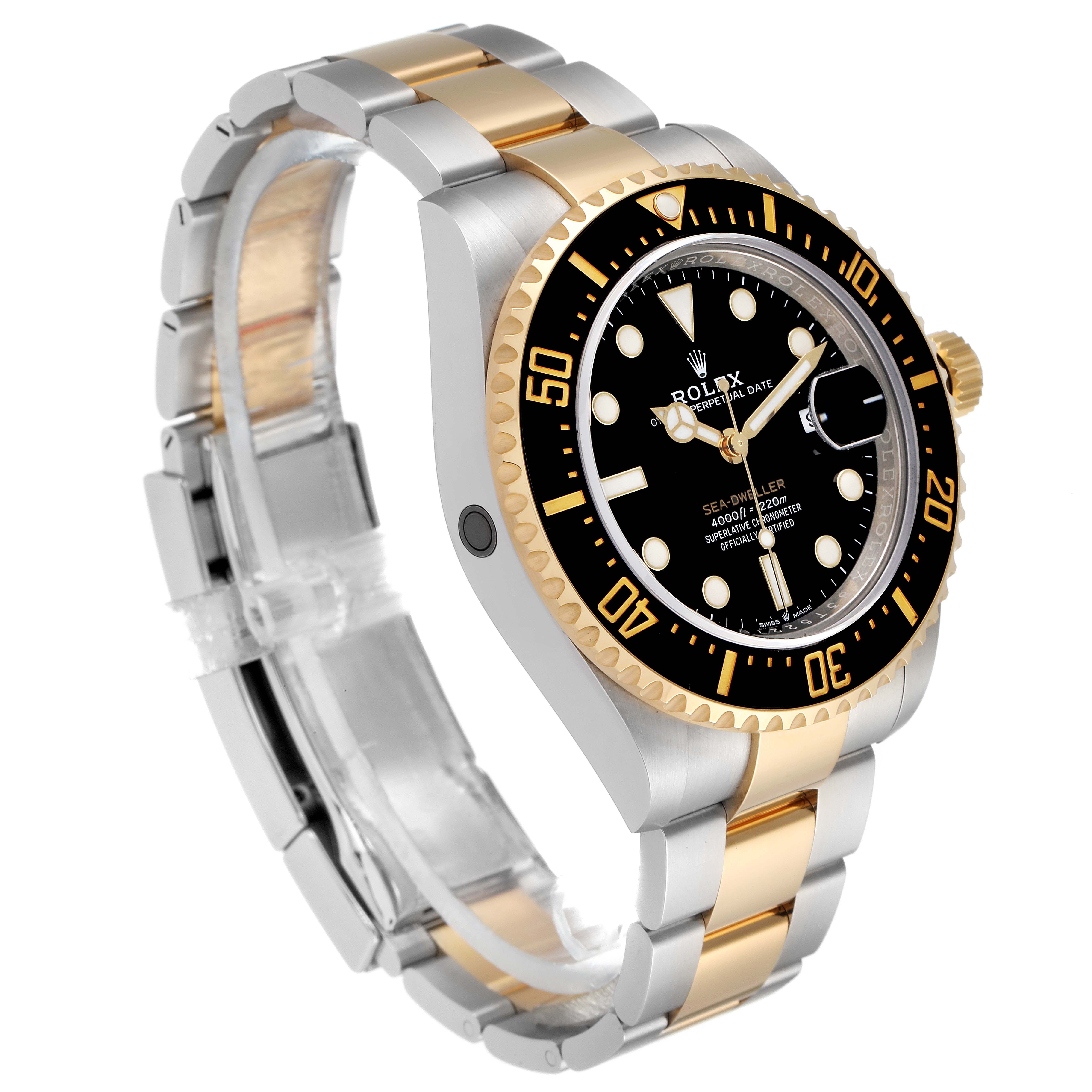 The image shows a Rolex Sea-Dweller 126603 Men's Steel and Gold (two tone) Black Dial 126603 Men's Steel and Gold (two tone) Black Dial watch at an angle highlighting its gold and silver band, black dial, and bezel.