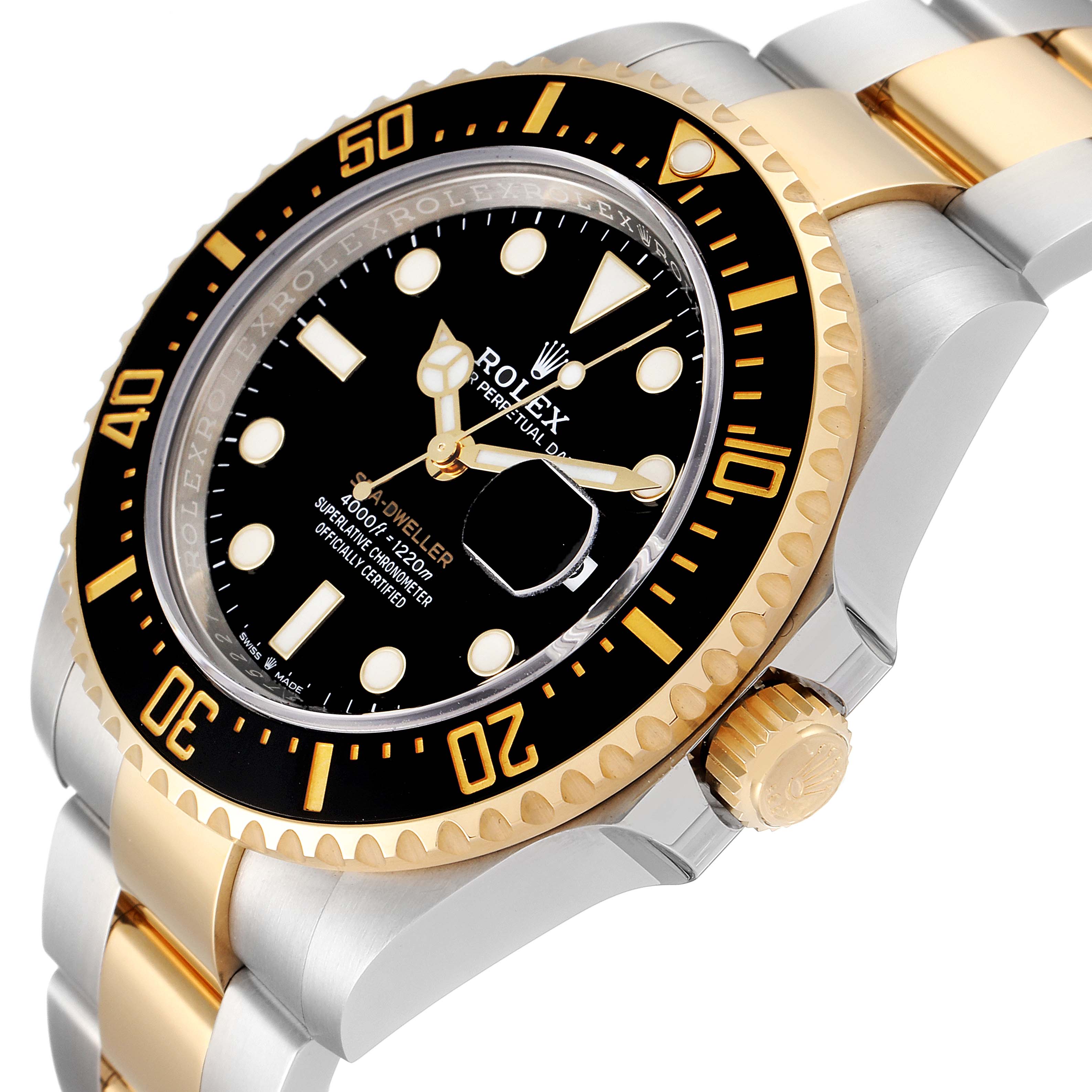 The Rolex Sea-Dweller 126603 Men's Steel and Gold (two tone) Black Dial 126603 Men's Steel and Gold (two tone) Black Dial watch is shown from an oblique angle, highlighting the bezel, dial, and part of the bracelet.