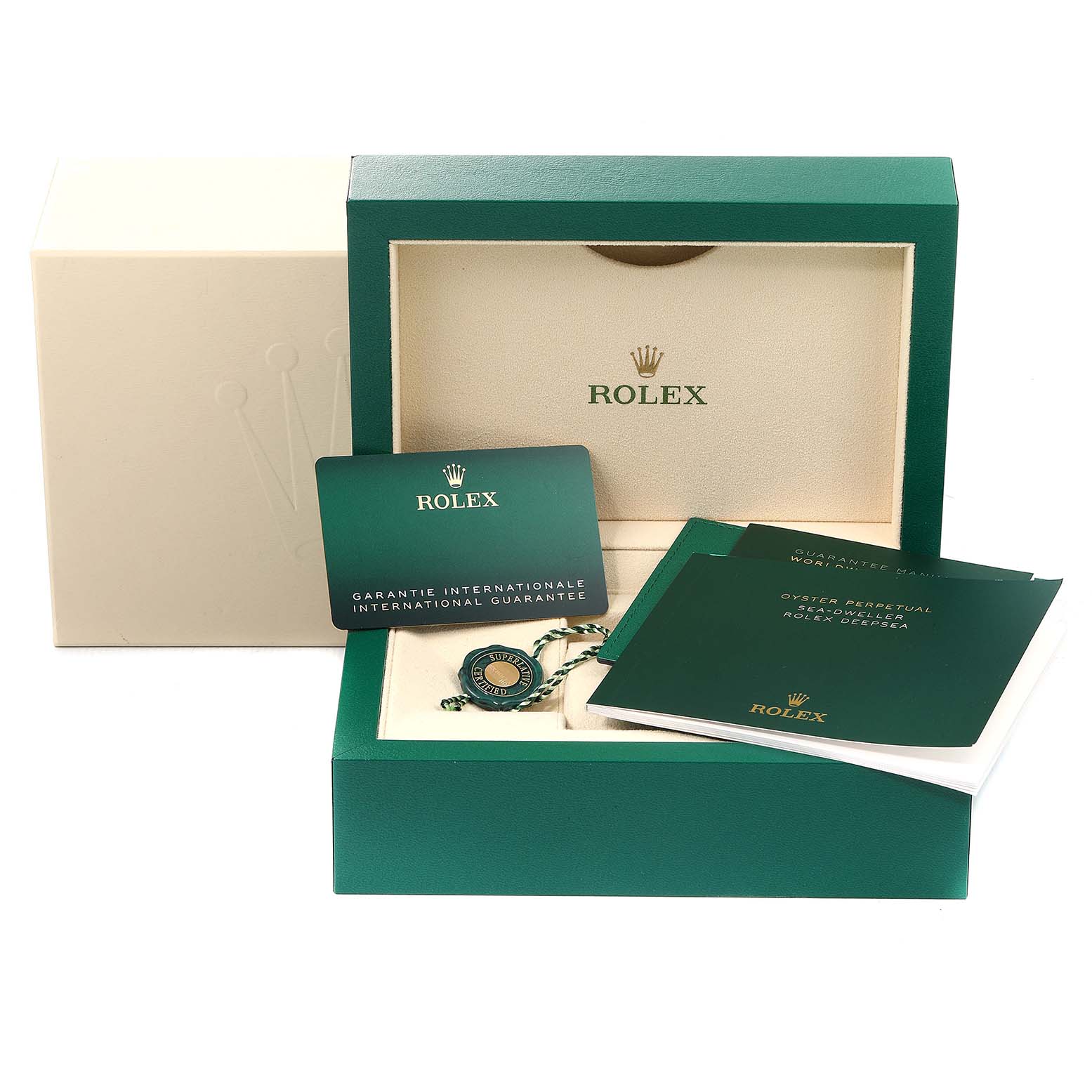 The image shows the accessories of a Rolex Sea-Dweller 126603 Men's Steel and Gold (two tone) Black Dial 126603 Men's Steel and Gold (two tone) Black Dial, including the box, warranty cards, and manuals.