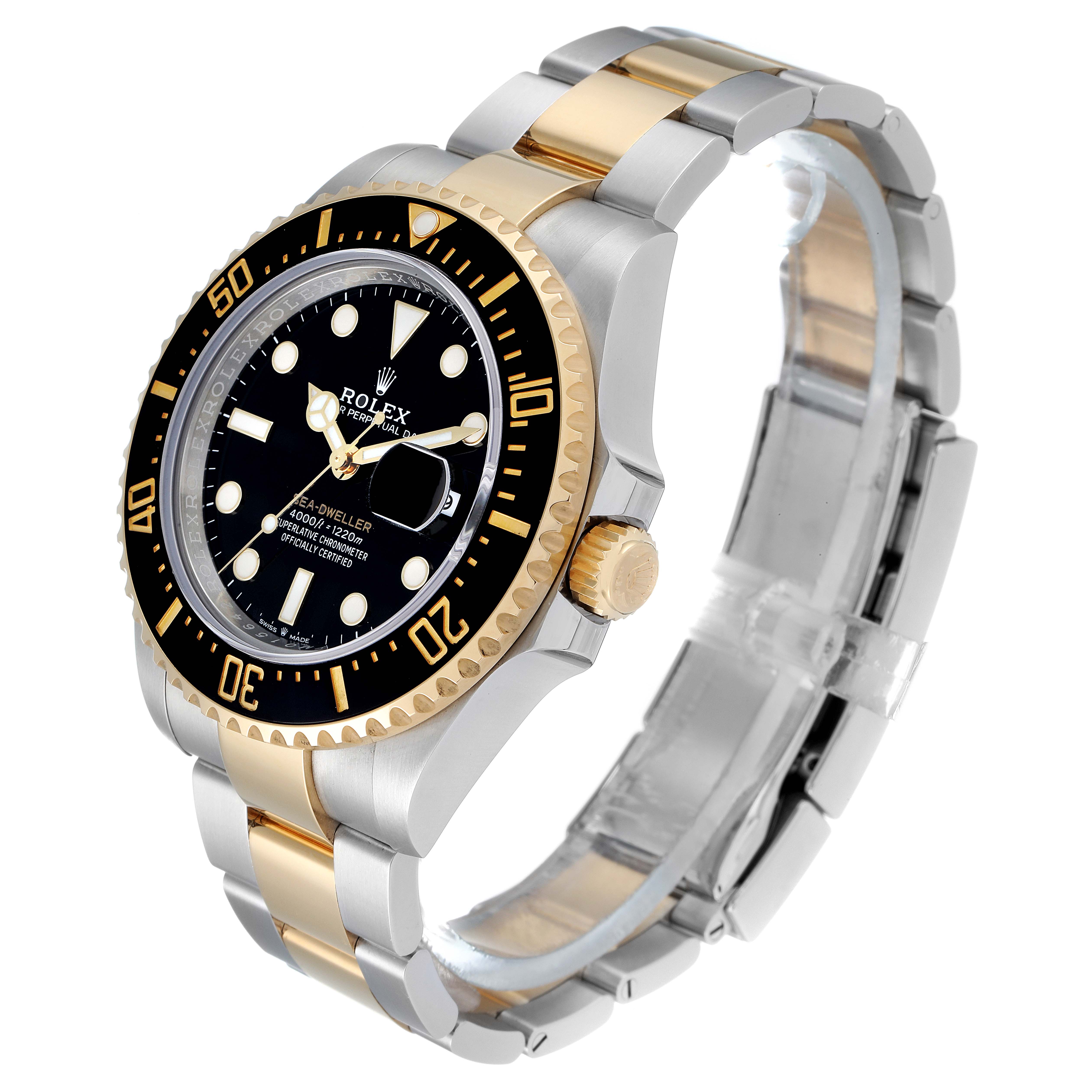 The image shows a side and angled view of a Rolex Sea-Dweller 126603 Men's Steel and Gold (two tone) Black Dial 126603 Men's Steel and Gold (two tone) Black Dial watch, highlighting the face, bezel, crown, and bracelet.