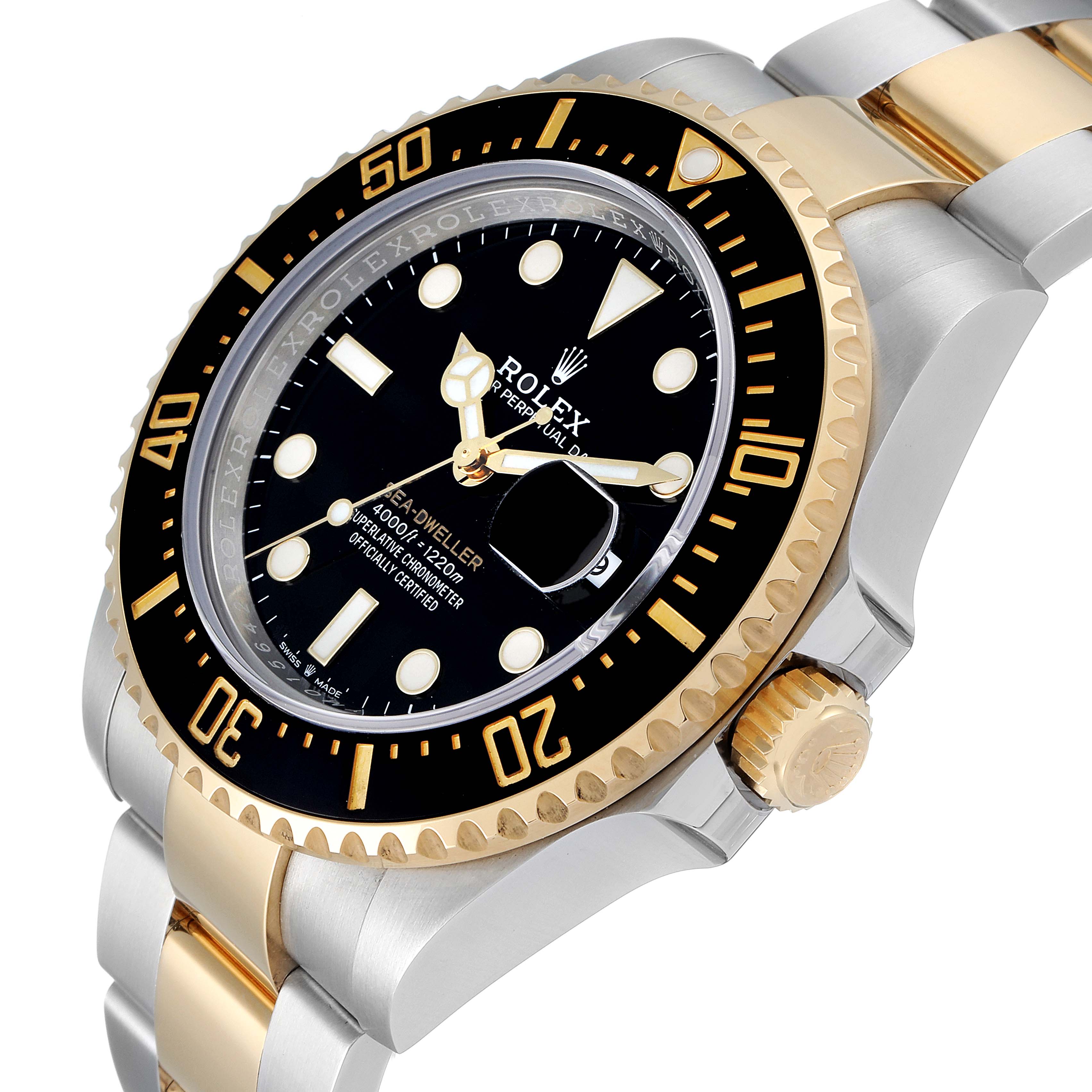 The image shows a Rolex Sea-Dweller 126603 Men's Steel and Gold (two tone) Black Dial 126603 Men's Steel and Gold (two tone) Black Dial watch angled from the front and slightly to the side, highlighting its bezel, dial, and part of the bracelet.