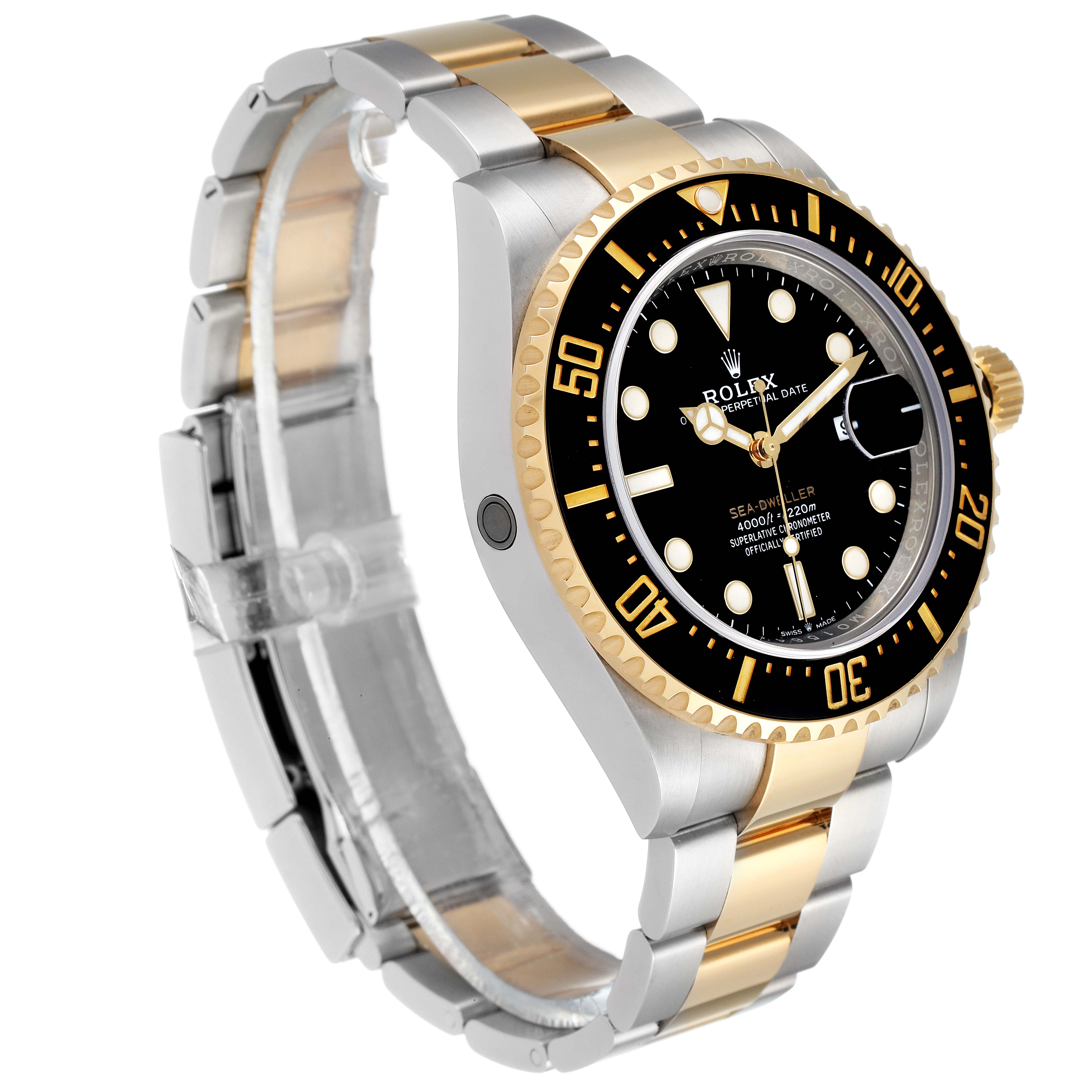 The image shows the Rolex Sea-Dweller 126603 Men's Steel and Gold (two tone) Black Dial 126603 Men's Steel and Gold (two tone) Black Dial watch at a three-quarter angle, displaying the face, bezel, and bracelet.