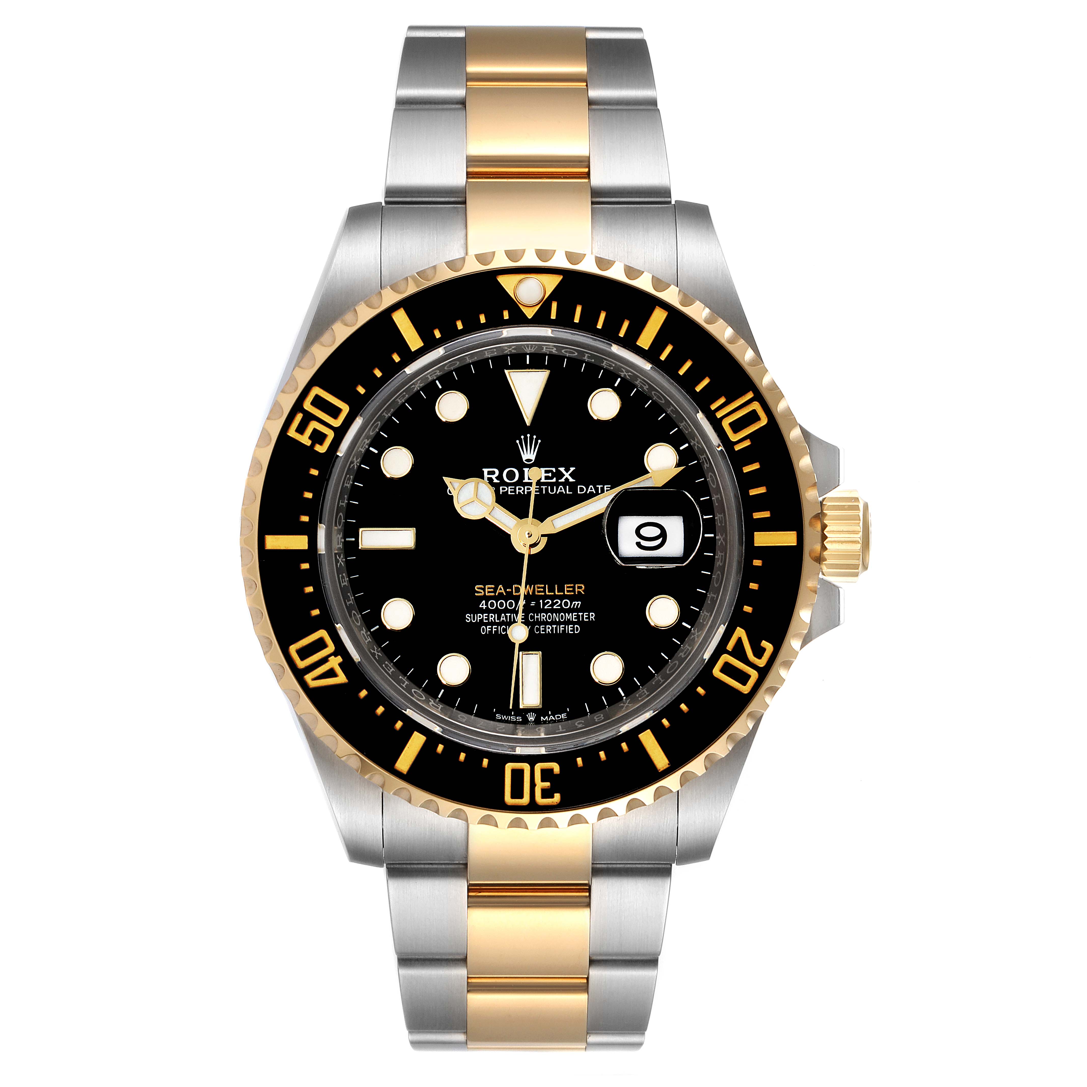 This image shows a front view of the Rolex Sea-Dweller 126603 Men's Steel and Gold (two tone) Black Dial 126603 Men's Steel and Gold (two tone) Black Dial watch, highlighting its dial, bezel, and two-tone bracelet.