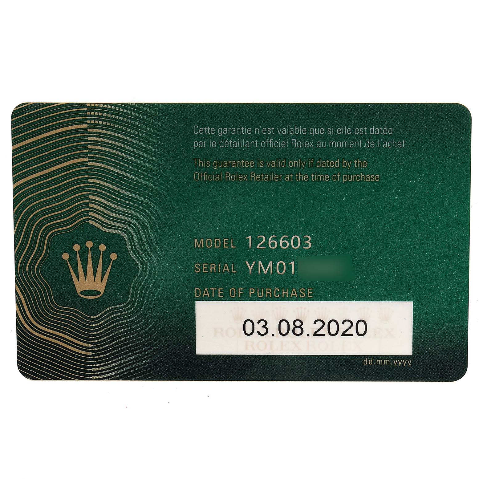 The image shows the warranty card for a Rolex Sea-Dweller 126603 Men's Steel and Gold (two tone) Black Dial 126603 Men's Steel and Gold (two tone) Black Dial model 126603, displaying model, serial number, and date of purchase.
