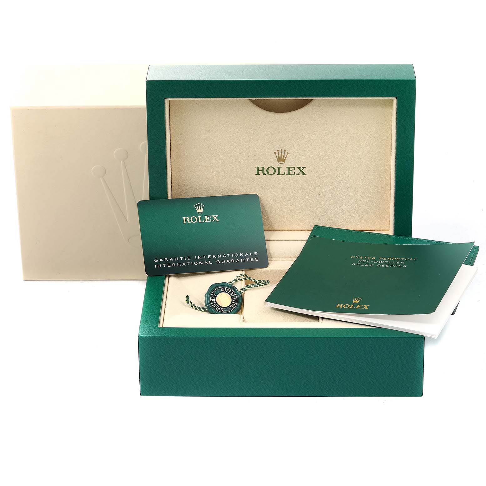 The image shows a Rolex Sea-Dweller 126603 Men's Steel and Gold (two tone) Black Dial 126603 Men's Steel and Gold (two tone) Black Dial watch package with a green box, guarantee card, and manuals.