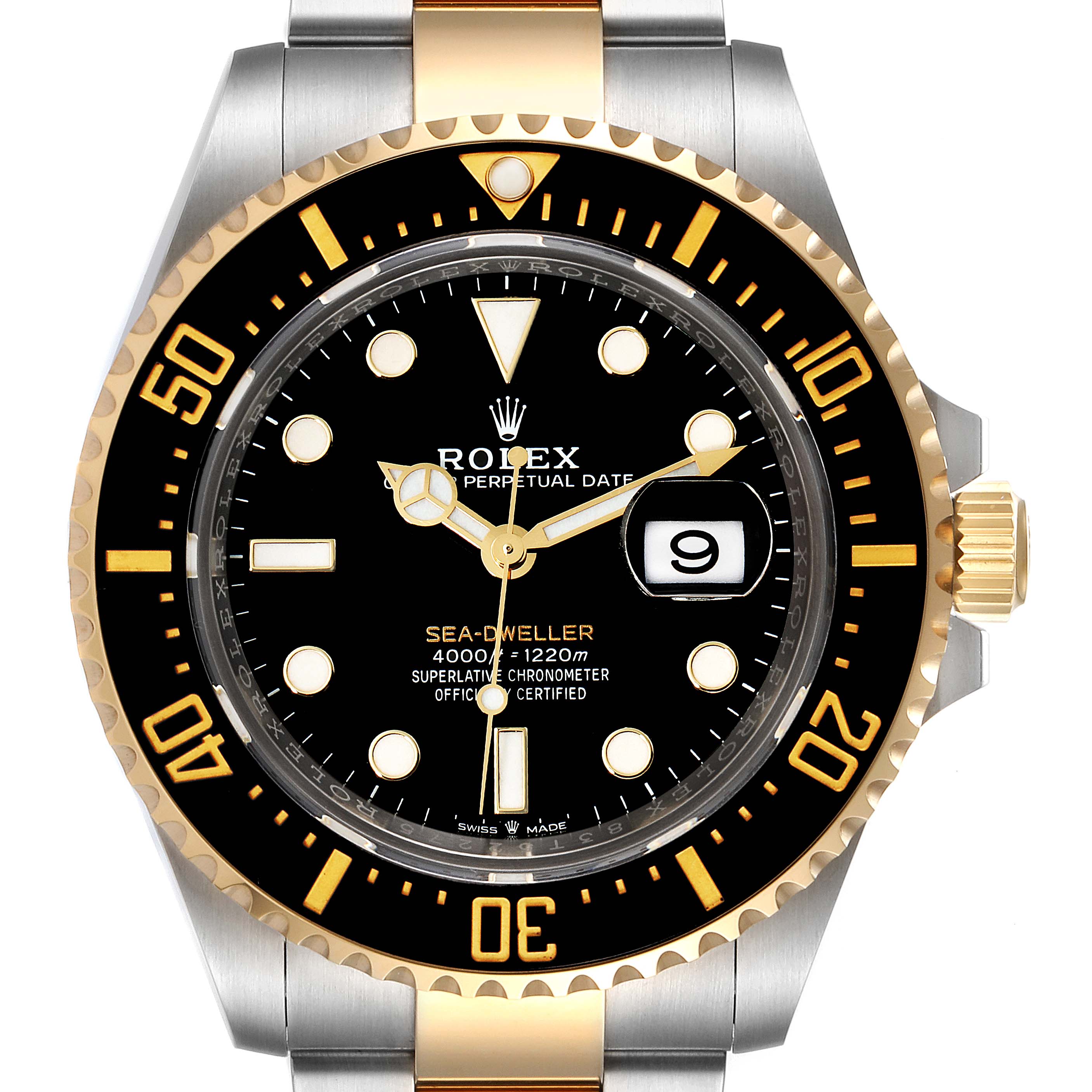 The image shows a front view of the Rolex Sea-Dweller 126603 Men's Steel and Gold (two tone) Black Dial 126603 Men's Steel and Gold (two tone) Black Dial watch, highlighting its black dial, date display, and gold-accented bezel and crown.