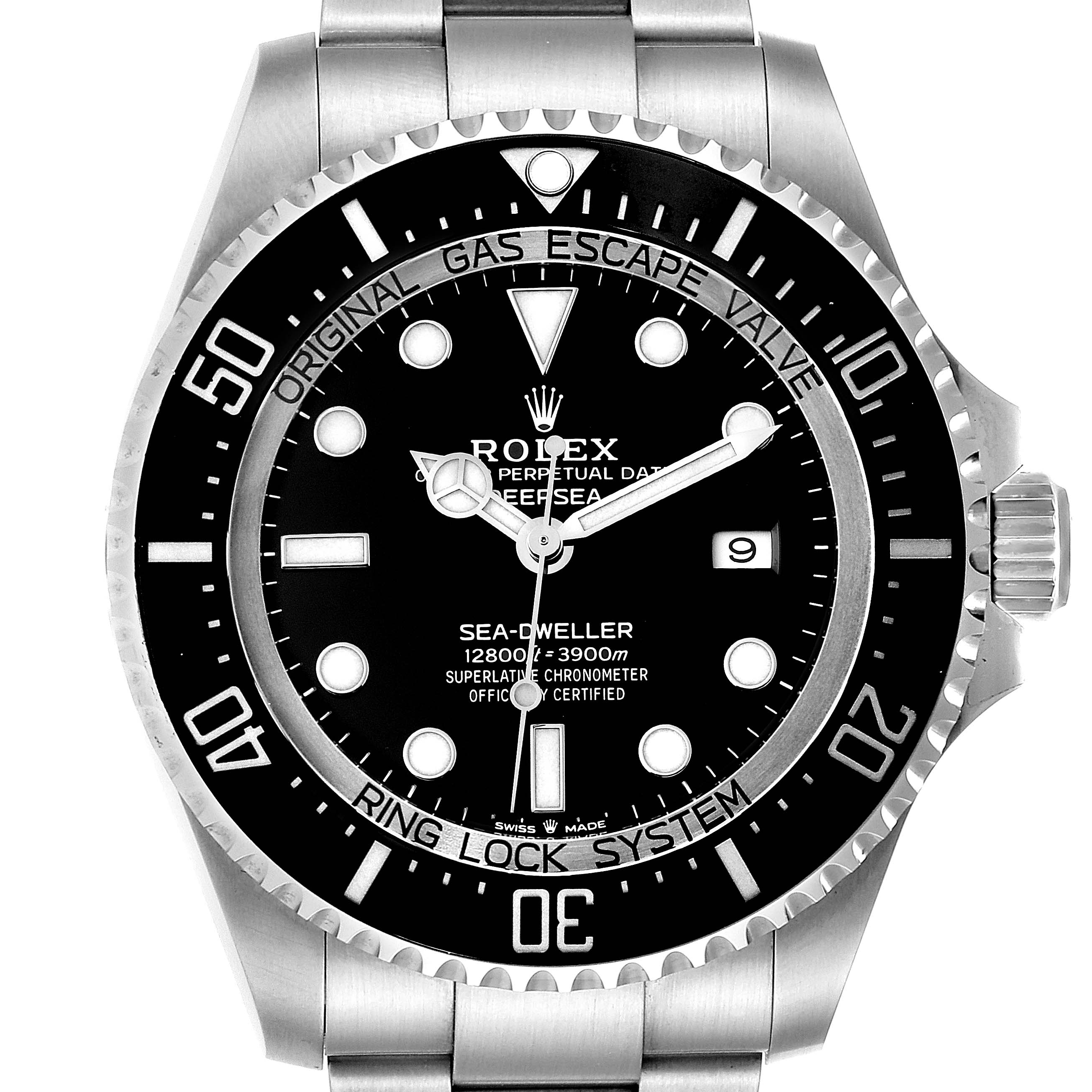 The image shows a front view of the Rolex Sea-Dweller 126660 Men
s Stainless Steel Black Dial 126660 Men
s Stainless Steel Black Dial watch, displaying its dial, bezel, and bracelet.