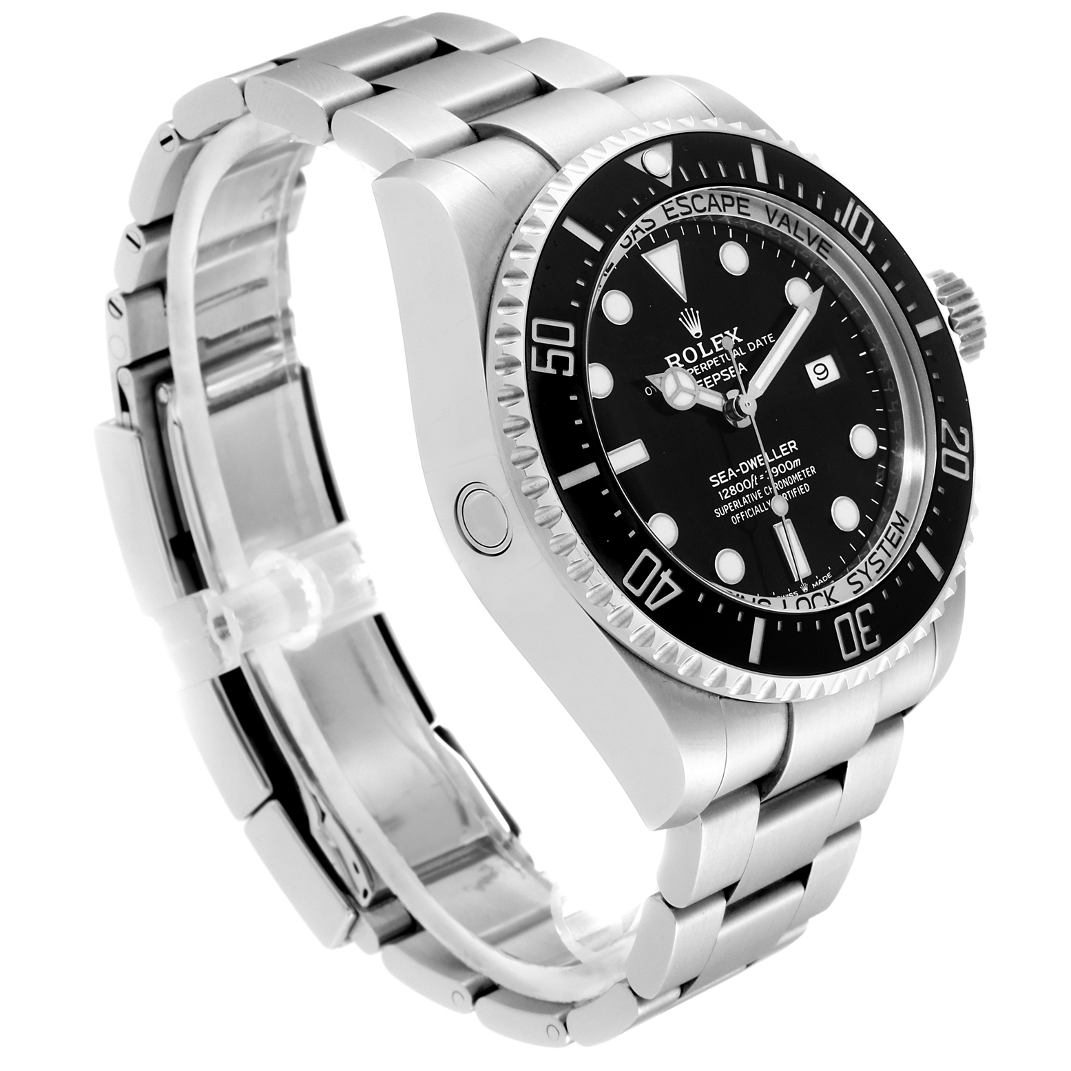 The image shows a side-angle view of a Rolex Sea-Dweller 126660 Men
s Stainless Steel Black Dial 126660 Men
s Stainless Steel Black Dial watch, highlighting its face, bezel, crown, and metal bracelet.