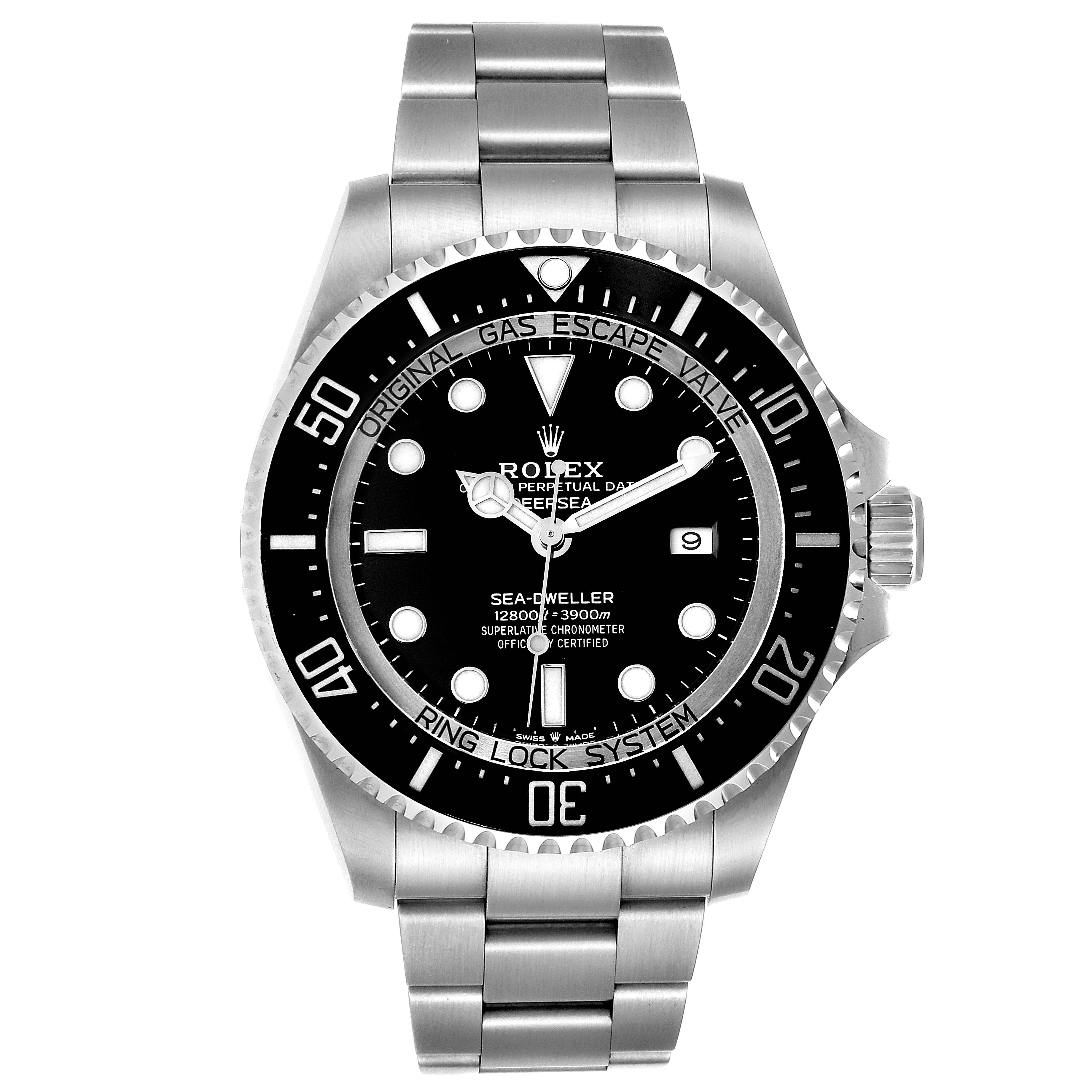The image shows a front view of a Rolex Sea-Dweller 126660 Men
s Stainless Steel Black Dial 126660 Men
s Stainless Steel Black Dial watch, highlighting the dial, bezel, and stainless steel bracelet.